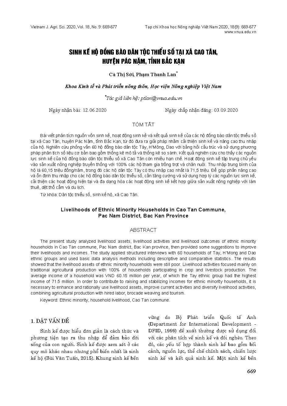 Sinh kế hộ đồng bào dân tộc thiểu số tại xã Cao Tân, huyện Pác Nặm, tỉnh Bắc Kạn = Livelihoods of Ethnic Minority Households in Cao Tan Commune, Pac Nam District, Bac Kan Province