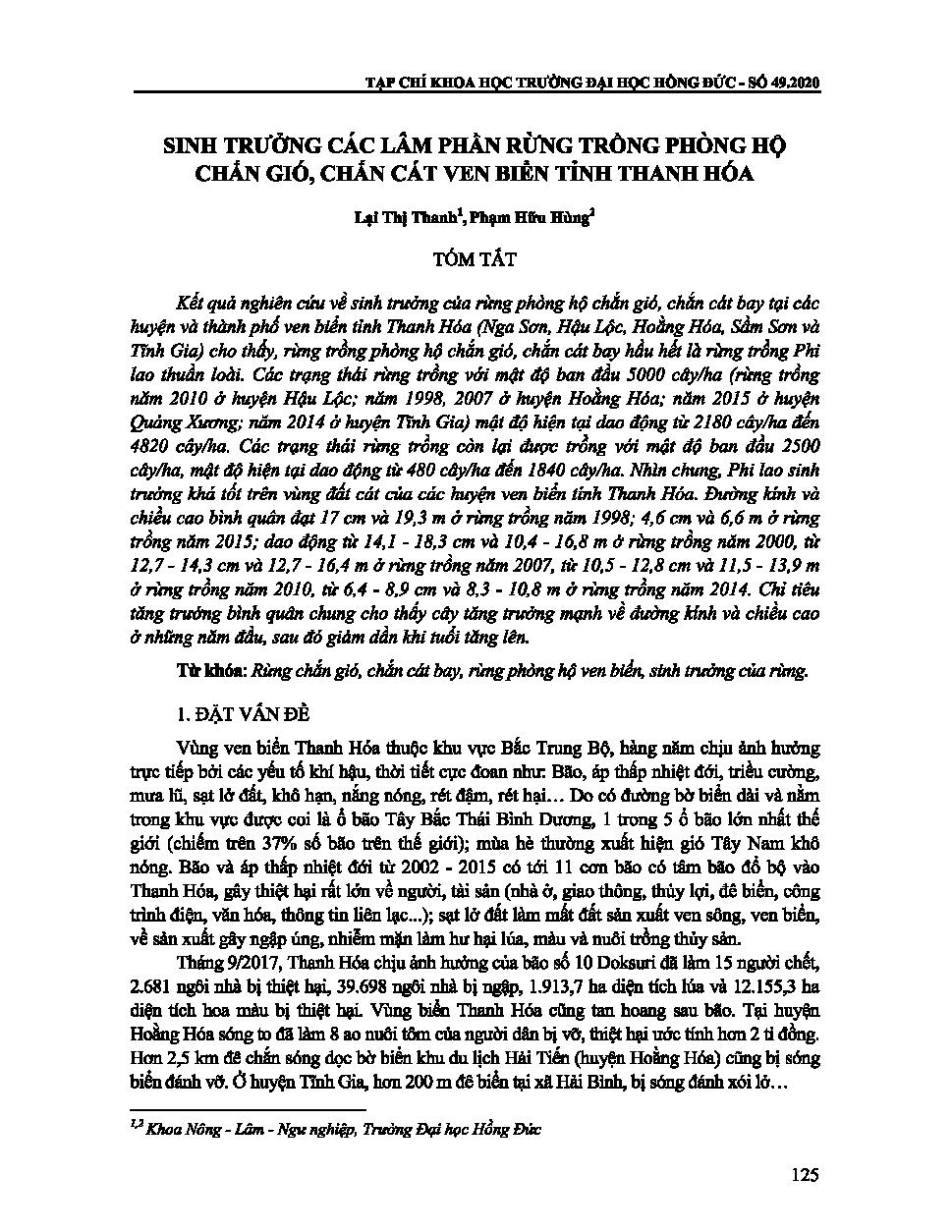 SINH TRƯỞNG CÁC LÂM PHẦN RỪNG TRỒNG PHÒNG HỘ CHẮN GIÓ, CHẮN CÁT VEN BIỂN TỈNH THANH HÓA = THE GROWTH OF PROTECTION FORESTS AGAINST SAND AND WIND IN COASTAL AREAS IN THANH HOA