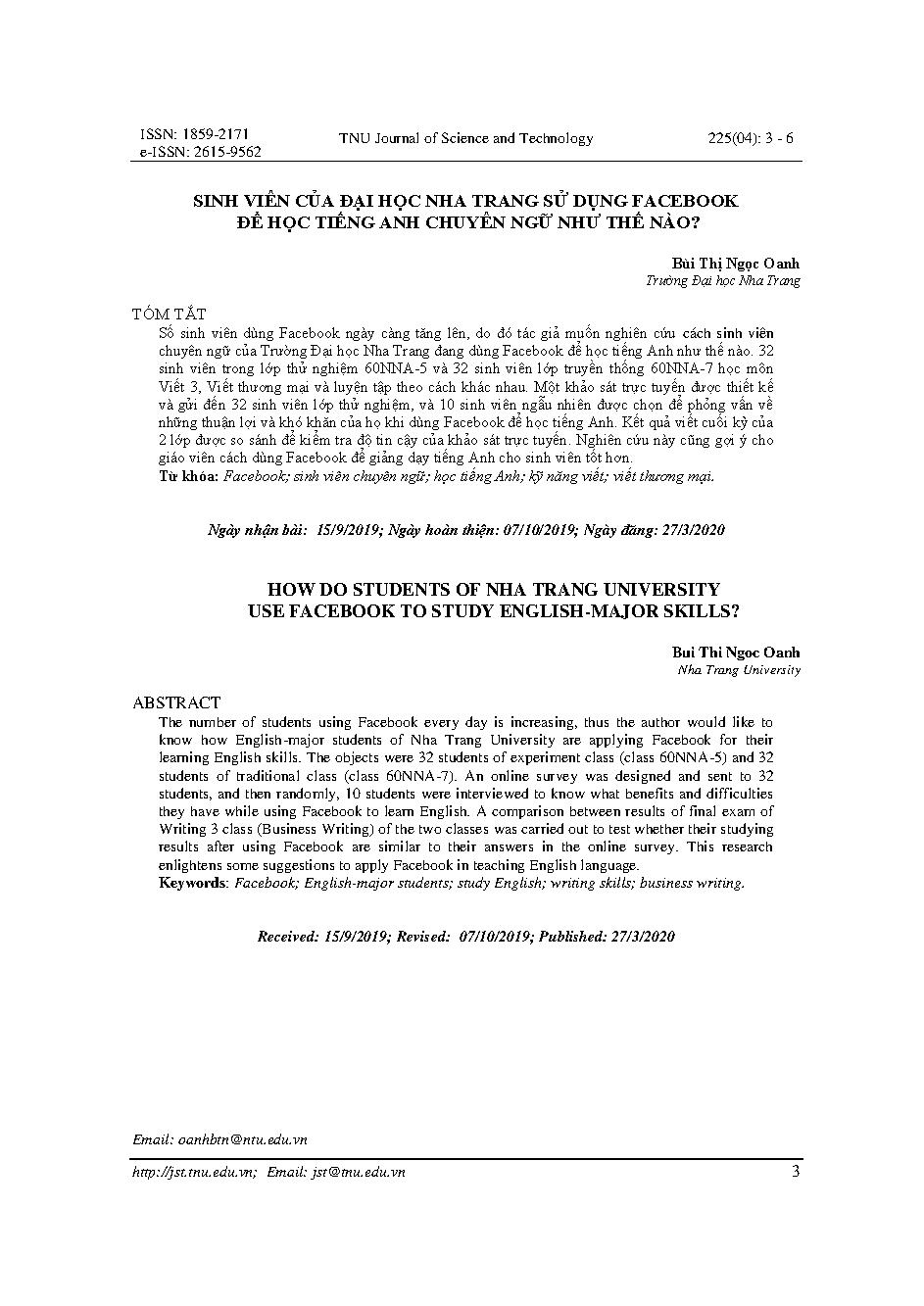 Sinh viên của Đại học Nha Trang sử dụng facebook để học tiếng Anh chuyên ngữ như thế nào? = How do students of nha trang university use facebook to study English-major skills?