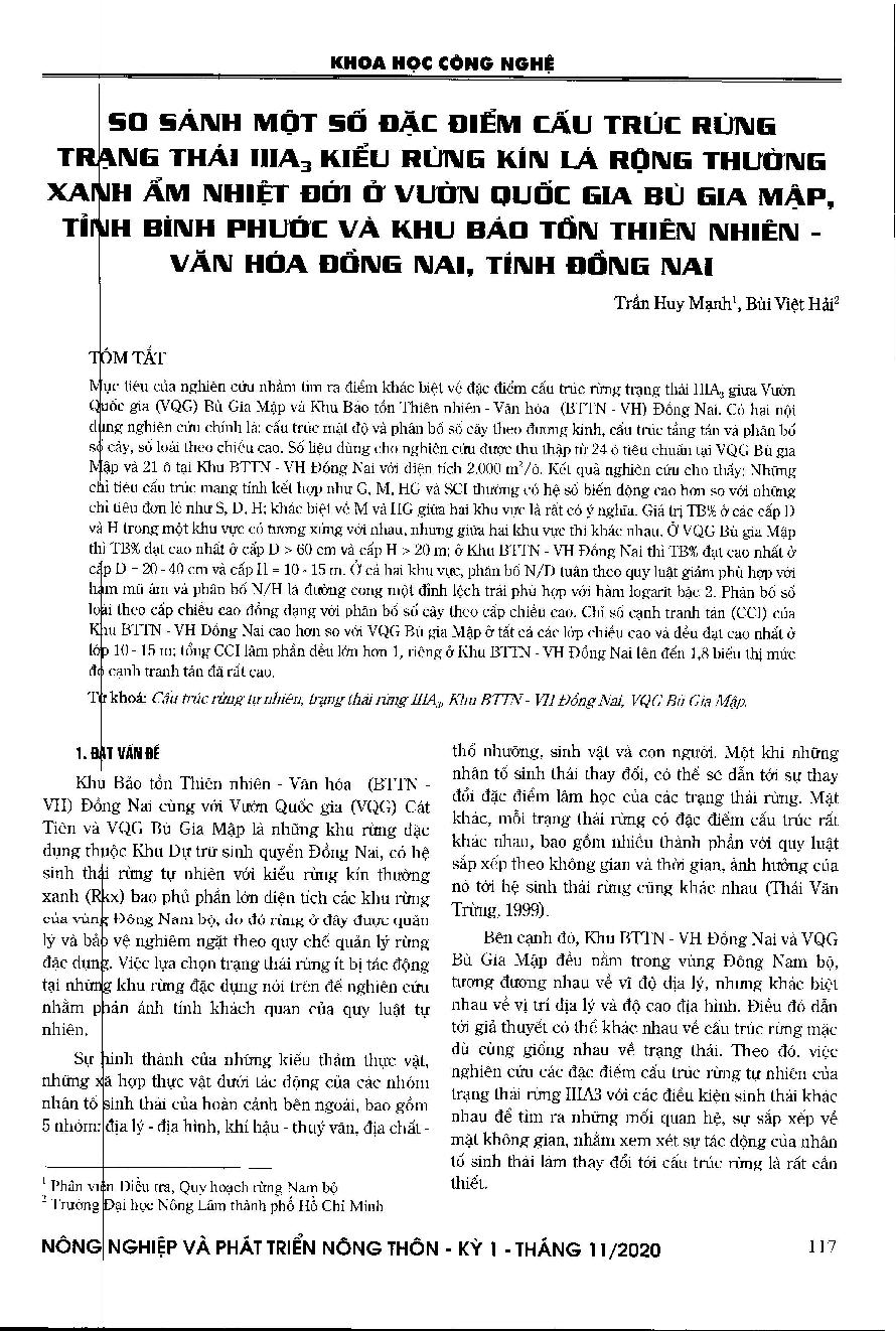 So sánh một số đặc điểm cấu trúc rừng trạng thái IIIA3 kiểu rừng kín lá rộng thường xanh ẩm nhiệt đới ở Vườn Quốc gia Bù Gia Mập, tỉnh Bình Phước và Khu Bảo tồn Thiên nhiên - Văn hóa Đồng Nai, tỉnh Đồng Nai = Comparison of some structural features of IIIA3 forest status of tropical moist evergreen forests in Bu Gia Map National Park in Binh Phuoc province and Dong Nai culture Nature Reserve in Dong Nai province