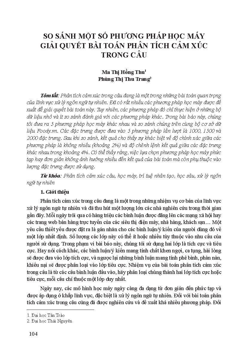 So sánh một số phương pháp học máy giải quyết bài toán phân tích cảm xúc trong câu = A comparison of machine learning approaches to sentiment analysis in sentences