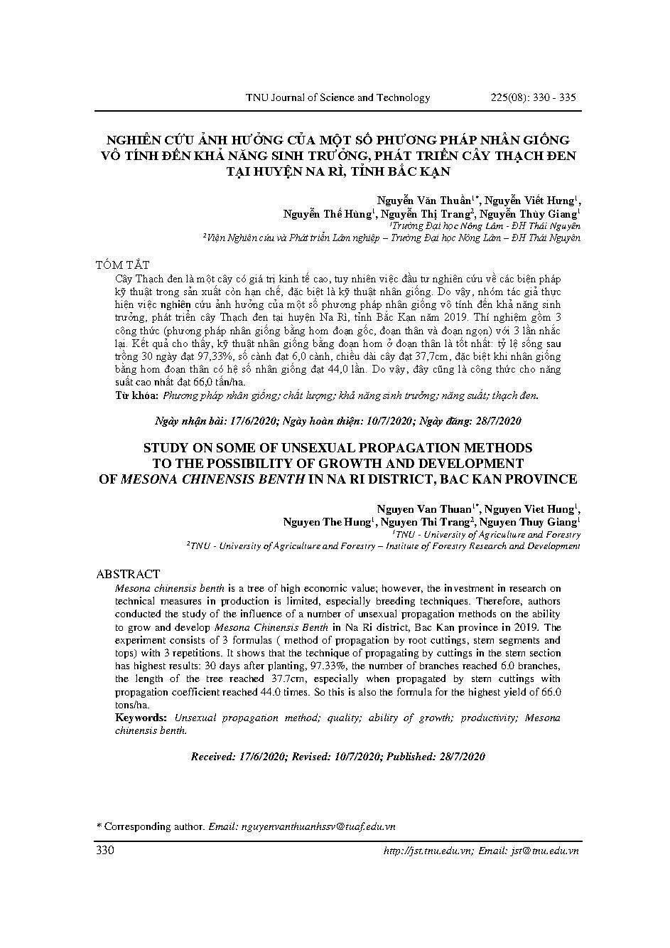 STUDY ON SOME OF UNSEXUAL PROPAGATION METHODS TO THE POSSIBILITY OF GROWTH AND DEVELOPMENT OF MESONA CHINENSIS BENTH IN NA RI DISTRICT, BAC KAN PROVINCE = NGHIÊN CỨU ẢNH HƯỞNG CỦA MỘT SỐ PHƯƠNG PHÁP NHÂN GIỐNG VÔ TÍNH ĐẾN KHẢ NĂNG SINH TRƯỞNG, PHÁT TRIỂN CÂY THẠCH ĐEN TẠI HUYỆN NA RÌ, TỈNH BẮC KẠN