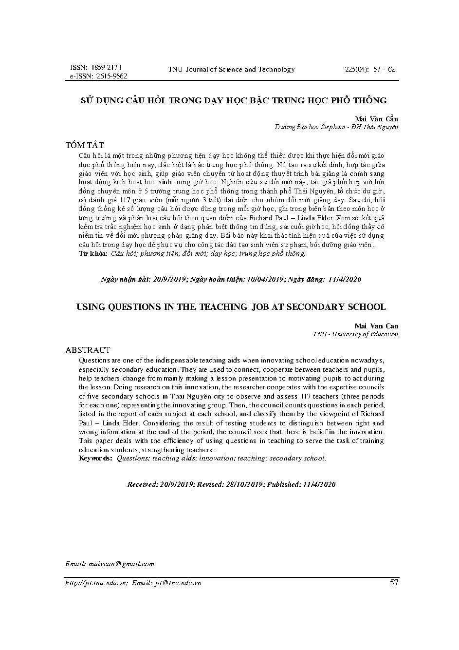 Sử dụng câu hỏi trong dạy học bậc trung học phổ thông = Using questions in the teaching job at secondary school
