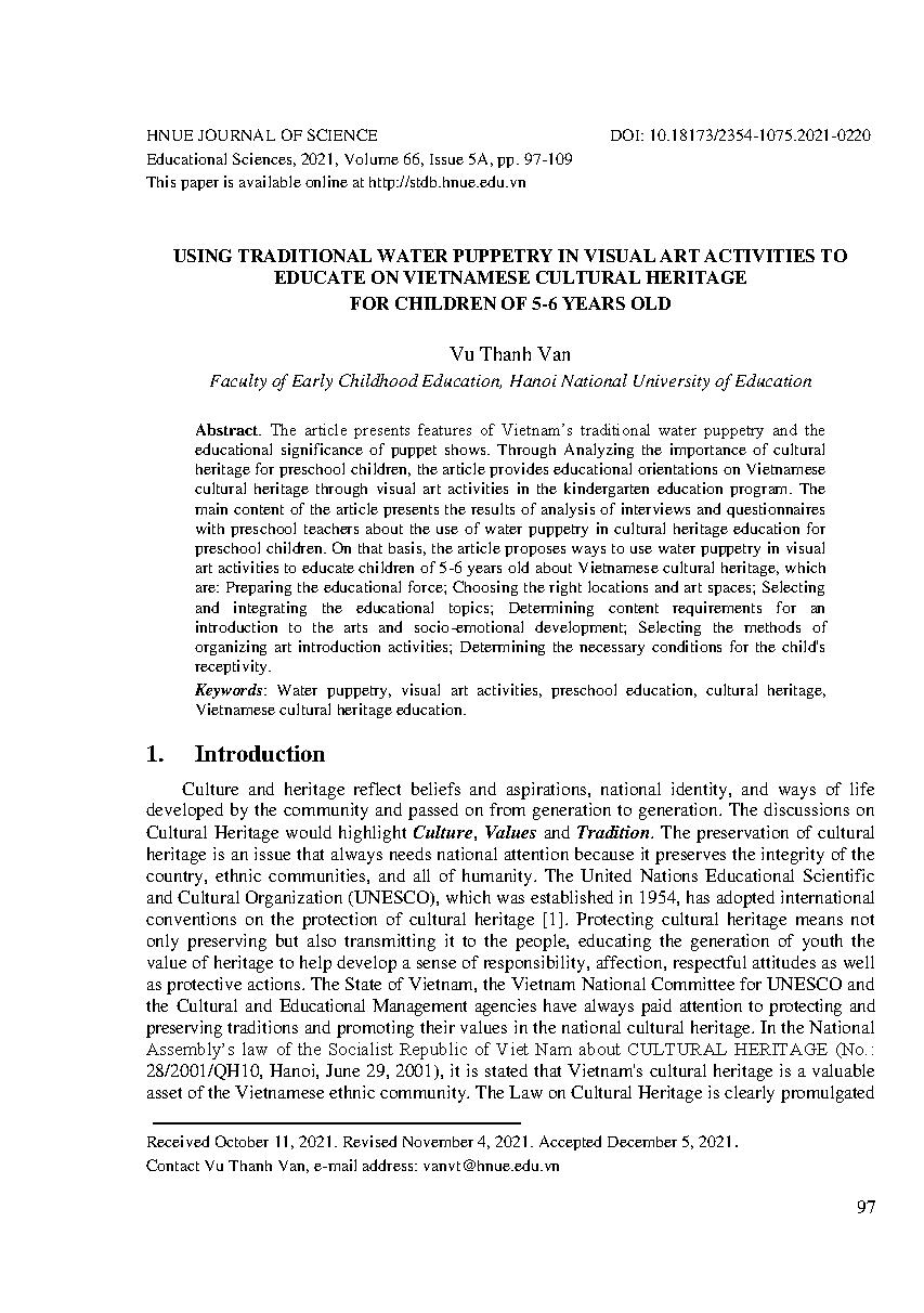 Sử dụng múa rối nước truyền thống trong các hoạt động nghệ thuật tạo hình nhằm giáo dục di sản văn hóa Việt Nam cho trẻ 5 - 6 tuổi = Using traditional water puppetry in visual art activities to educate on vietnamese cultural heritage for children of 5-6 years old