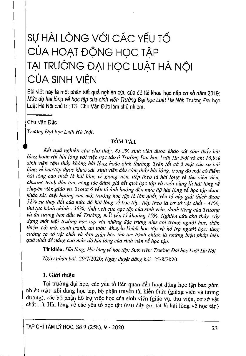 Sự hài lòng với các yếu tố của hoạt động học tập tại Trường Đại học Luật Hà Nội của sinh viên = Students' satisfaction with academic factors at Hanoi Law University