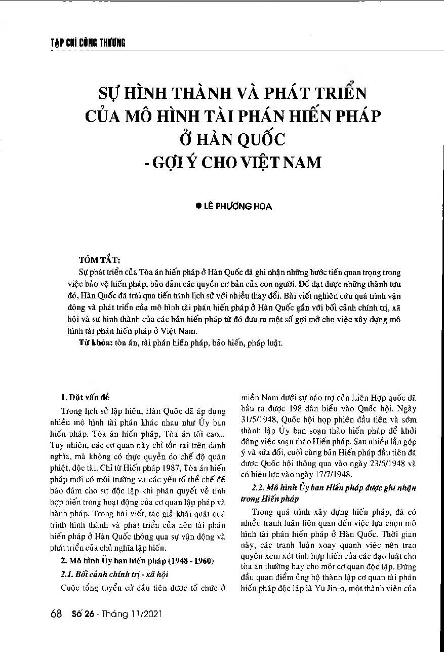 Sự hình thành và phát triển của mô hình tài phán hiến pháp ở Hàn Quốc - Gợi ý cho Việt Nam = The establishment and development of the constitutional review model in Korea - Implications for Vietnam