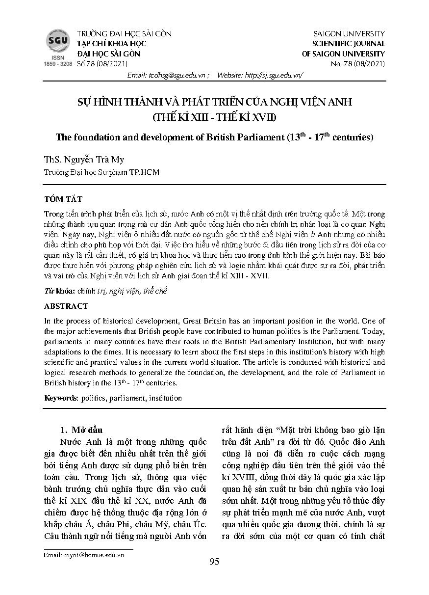 Sự hình thành và phát triển của Nghị viện Anh (thế kỉ XIII – thế kỉ XVII) = The foundation and development of British Parliament (13th - 17th centuries)