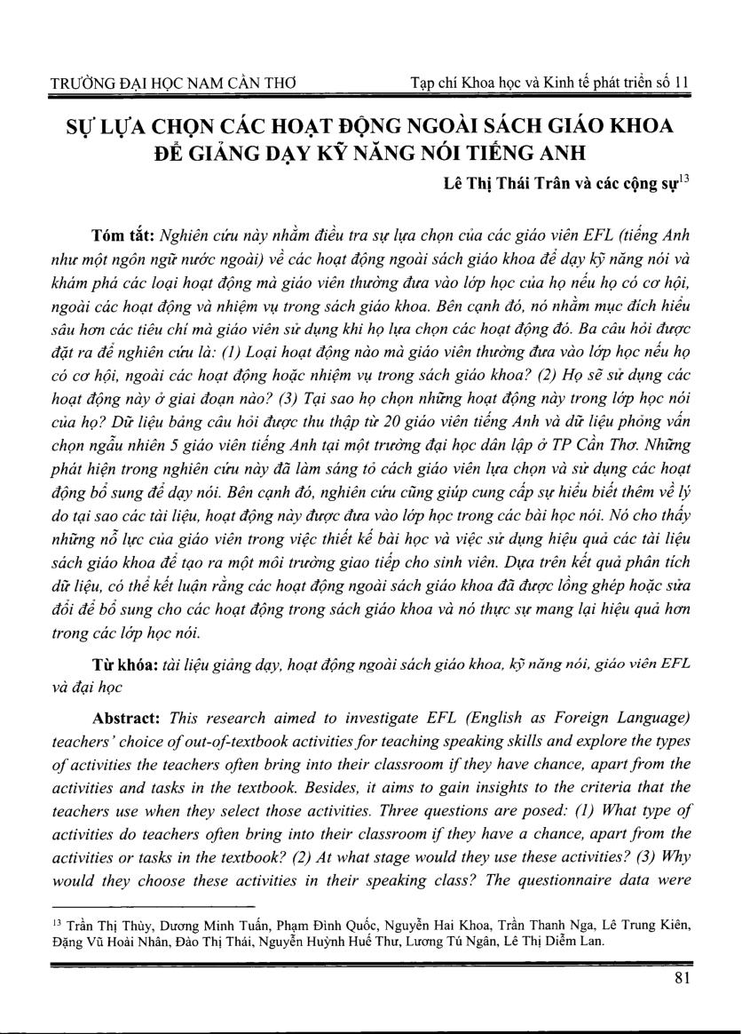 Sự lựa chọn các hoạt động ngoài sách giáo khoa để giảng dạy kỹ năng nói tiếng Anh = Choice of activities outside textbooks to teach English speaking skills