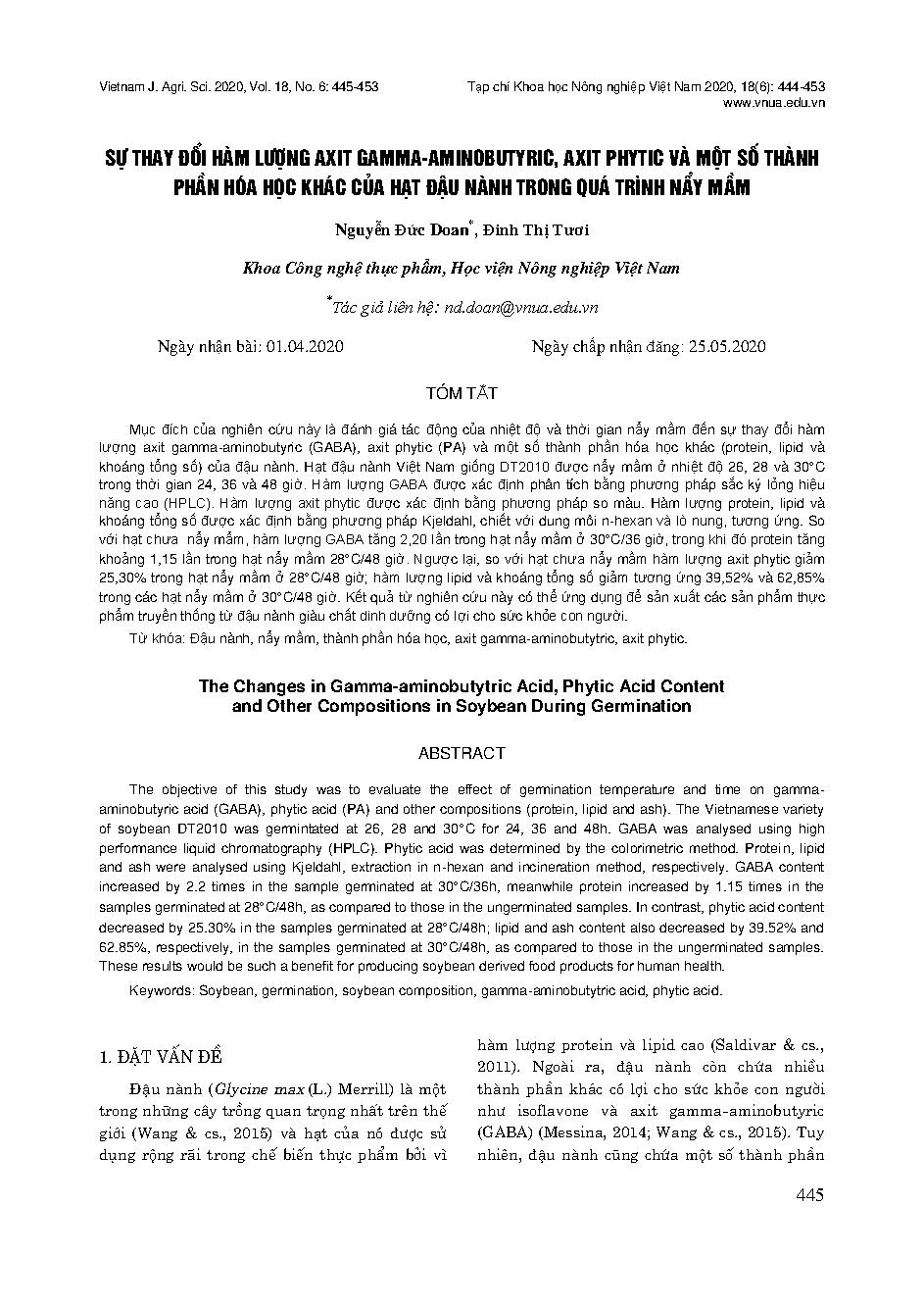 Sự thay đổi hàm lượng axit gamma-aminobutyric, axit phytic và một số thành phần hóa học khác của hạt đậu nành trong quá trình nảy mầm = The Changes in Gamma-aminobutytric Acid, Phytic Acid Content and Other Compositions in Soybean During Germination