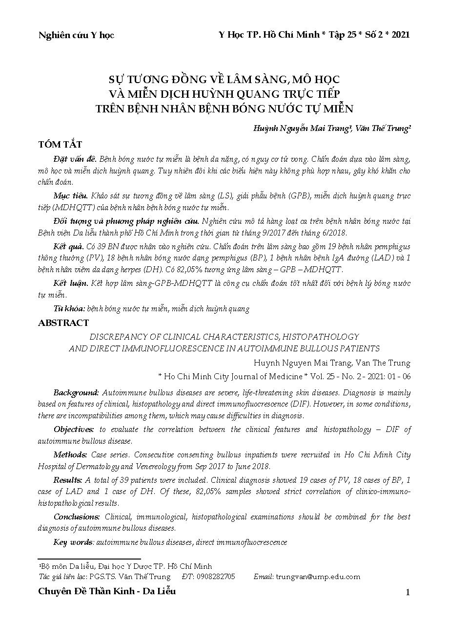 Sự tương đồng về lâm sàng, mô học và miễn dịch huỳnh quang trực tiếp trên bệnh nhân bệnh bóng nước tự miễn = Discrepancy of clinical characteristics, histopathology and direct immunofluorescence in autoimmune bullous patients