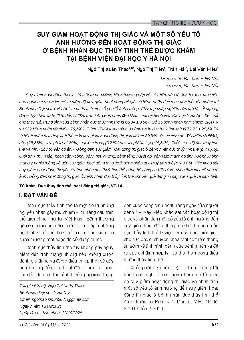 Suy giảm hoạt động thị giác và một số yếu tố ảnh hưởng đến hoạt động thị giác ở bệnh nhân đục thủy tinh thể được khám tại Bệnh viện Đại học Y Hà Nội = Impaired visual activity and some factors affect visual activity in cataract patients who come to Hanoi medical university hospital