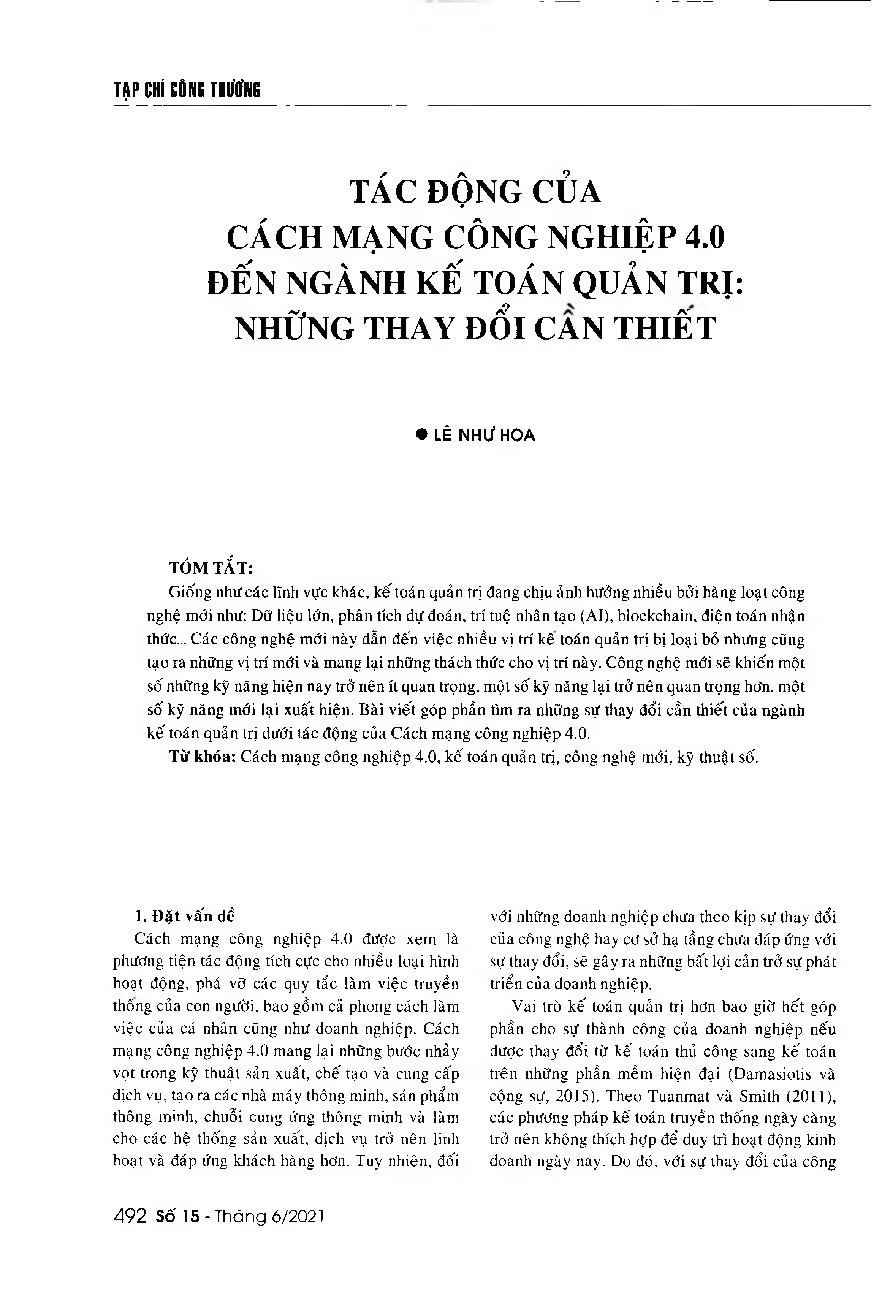 Tác động của Cách mạng công nghiệp 4.0 đến ngành kế toán quản trị: Những thay đổi cần thiết = Impact of Industry 4.0 on management accounting sector: Necessary changes