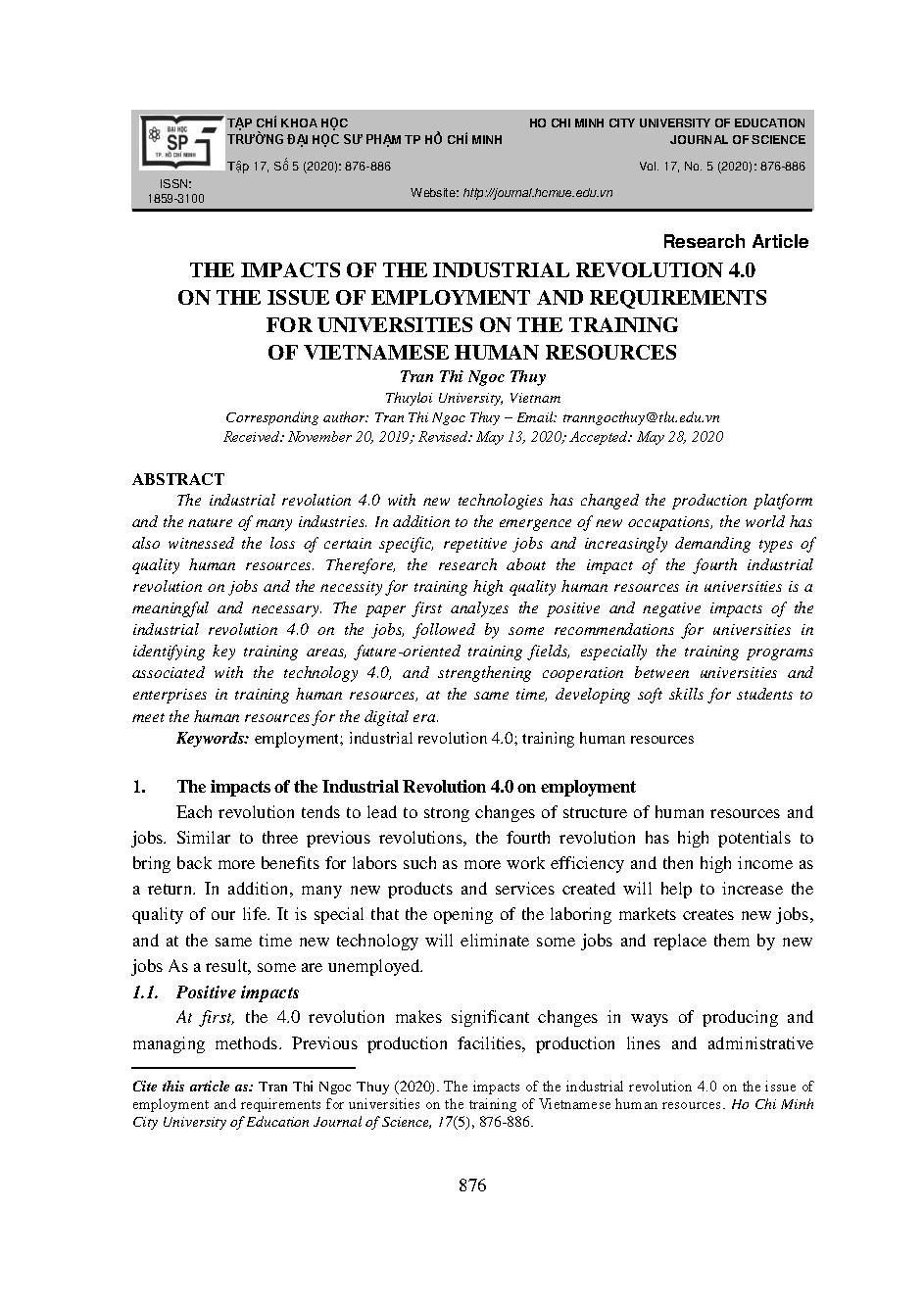 Tác động của cách mạng công nghiệp 4.0 đến vấn đề việc làm và những yêu cầu đặt ra đối với các trường đại học và việc đào tạo nguồn nhân lực Việt Nam. = The impacts of the industrial revolution 4.0 on the issue of employment and requirements for universities on the training of Vietnamese human resources