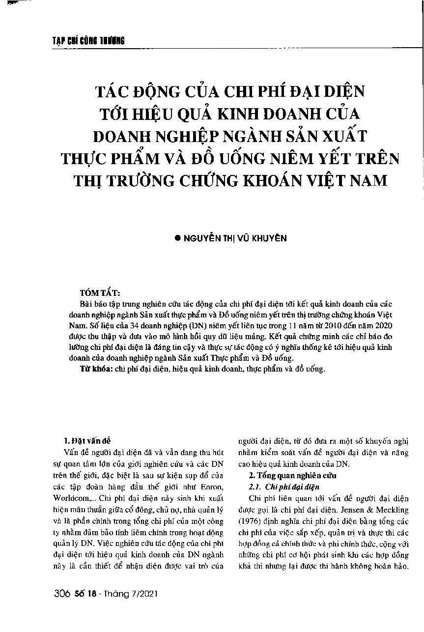 Tác động của chi phí đại diện tới hiệu quả kinh doanh của doanh nghiệp ngành sản xuất thực phẩm và đồ uống niêm yết trên thị trường chứng khoán Việt Nam = Impact of agency costs on business performance of listed food and beverage companies in Vietnam’s stock market