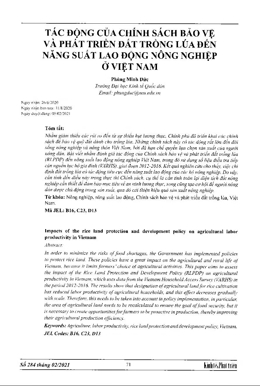 Tác động của chính sách bảo vệ và phát triển đất trồng lúa đến năng suất lao động nông nghiệp ở Việt Nam = Impacts of the rice land protection and development policy on agricultural labor productivity in Vietnam