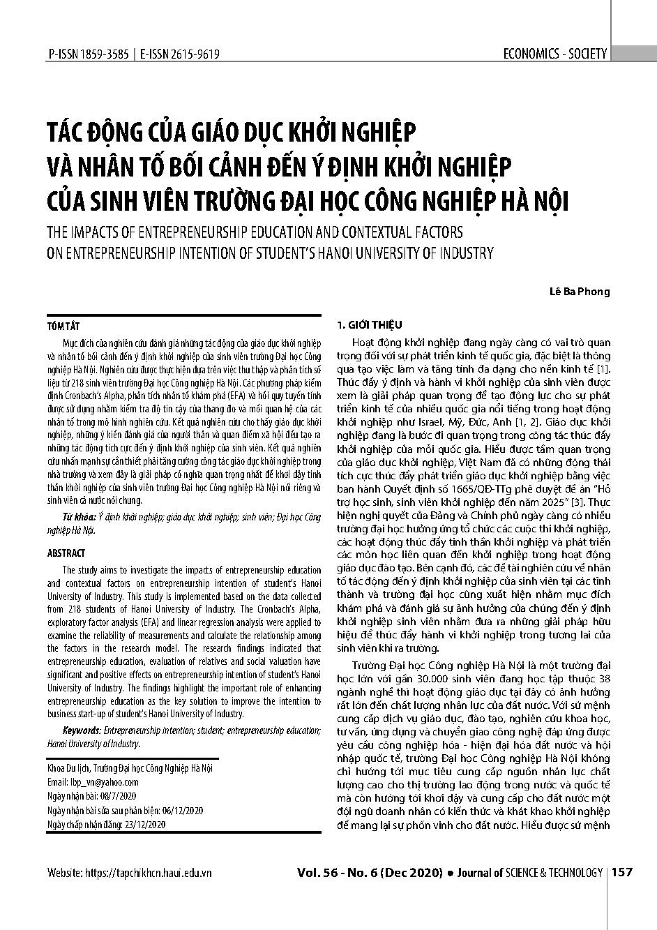 Tác động của giáo dục khởi nghiệp và nhân tố bối cảnh đến ý định khởi nghiệp của sinh viên Trường Đại học Công nghiệp Hà Nội = The impacts of entrepreneurship education and contextual factors on entrepreneurship intention of student’s Hanoi University of Industry