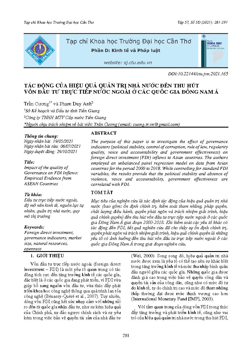 Tác động của hiệu quả quản trị nhà nước đến thu hút vốn đầu tư trực tiếp nước ngoài ở các quốc gia Đông Nam Á = Impact of the quality of Governance on FDI Inflows: Empirical Evidence from ASEAN Countries