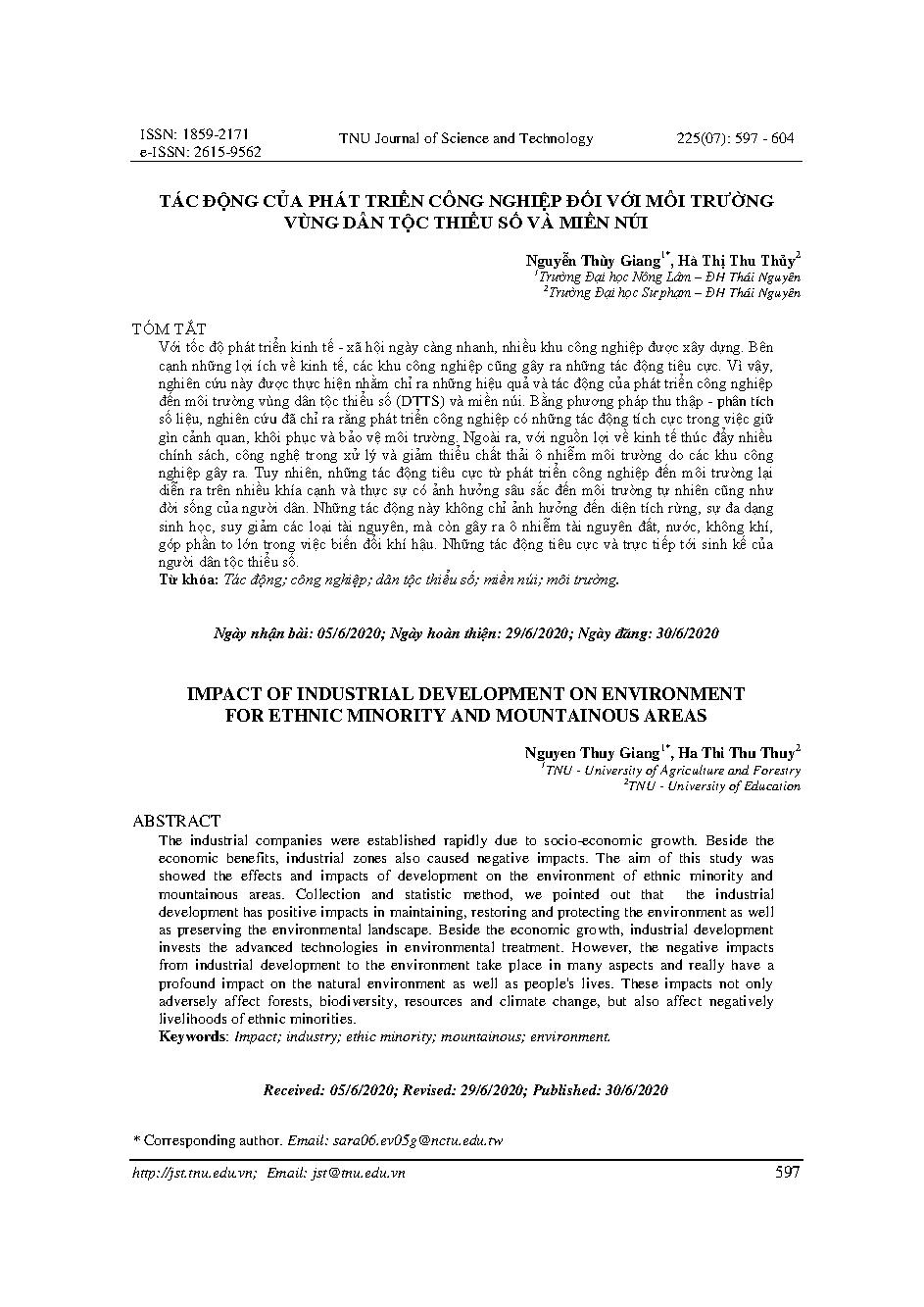 TÁC ĐỘNG CỦA PHÁT TRIỂN CÔNG NGHIỆP ĐỐI VỚI MÔI TRƯỜNG VÙNG DÂN TỘC THIỂU SỐ VÀ MIỀN NÚI = IMPACT OF INDUSTRIAL DEVELOPMENT ON ENVIRONMENT FOR ETHNIC MINORITY AND MOUNTAINOUS AREAS