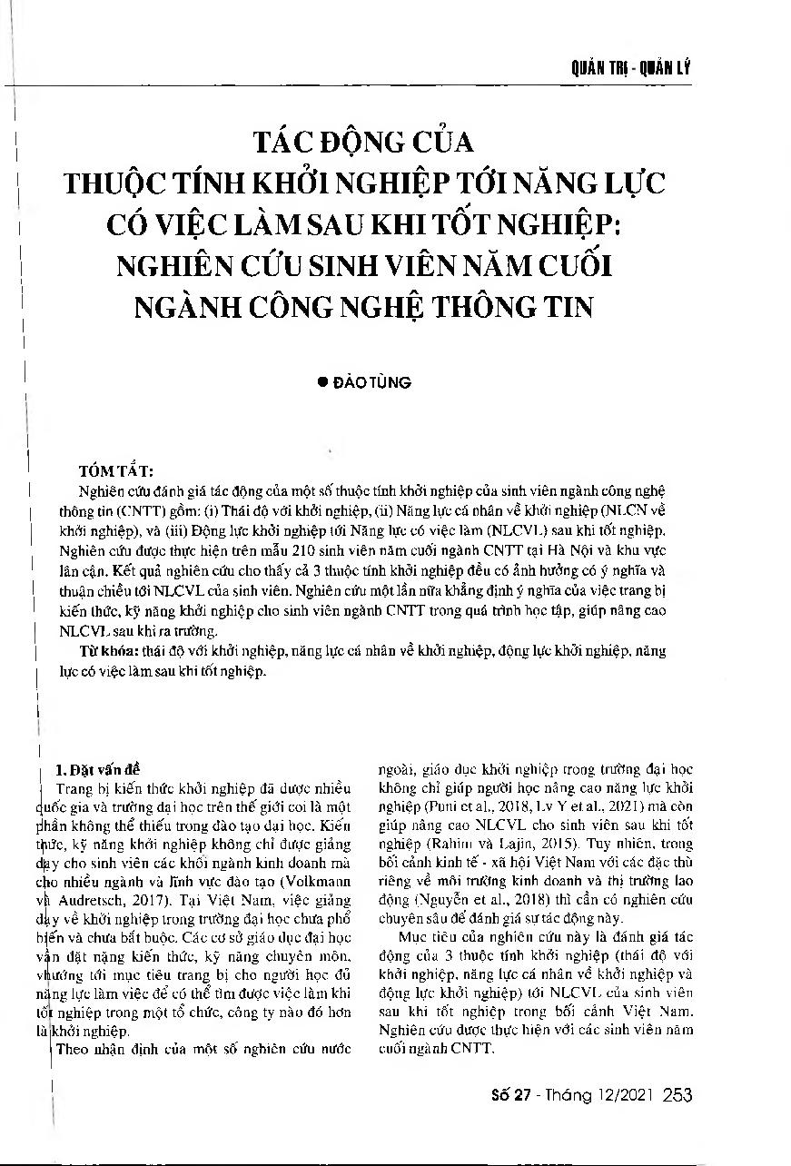 Tác động của thuộc tính khởi nghiệp tới năng lực có việc làm sau khi tốt nghiệp: Nghiên cứu sinh viên năm cuối ngành Công nghệ thông tin = The impact of some entrepreneurial attributes on the employability of final year IT students