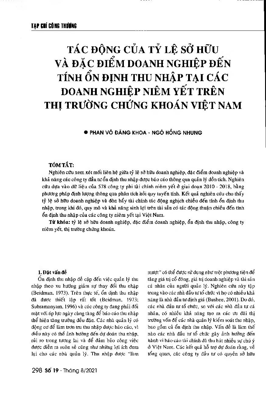 Tác động của tỷ lệ sở hữu và đặc điểm doanh nghiệp đến tính ổn định thu nhập tại các doanh nghiệp niêm yết trên thị trường chứng khoán Việt Nam = The impacts of ownership ratio and firm characteristics on income stability of listed enterprises in Vietnam