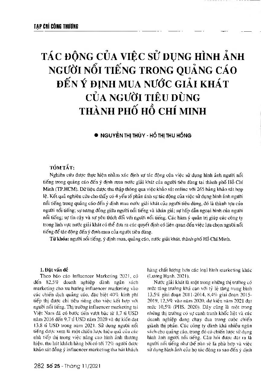 Tác động của việc sử dụng hình ảnh người nổi tiếng trong quảng cáo đến ý định mua nước giải khát của người tiêu dùng Thành phố Hồ Chí Minh = The impacts of using celebrity images in advertising on the intention to buy soft drinks of consumers in Ho Chi Minh City