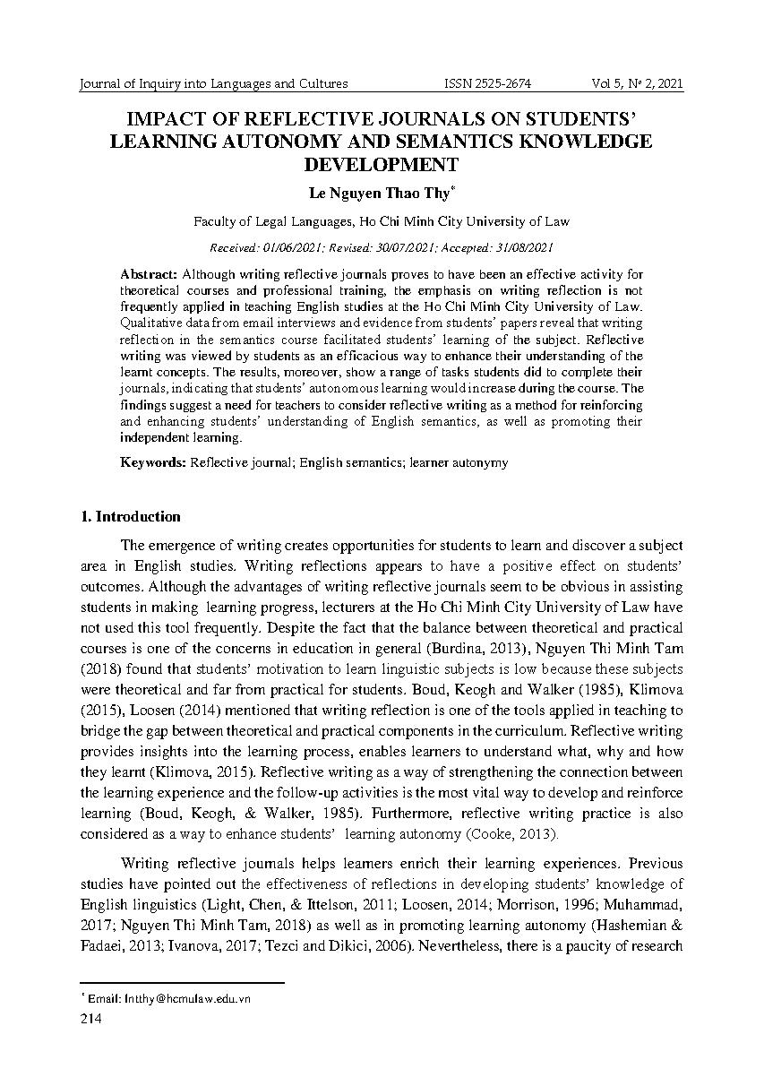 Tác động của viết nhật ký suy tưởng đến năng lực tự học và sự phát triển kiến thức ngữ nghĩa học của sinh viên = Impact of reflective journals on students’ learning autonomy and semantics knowledge development