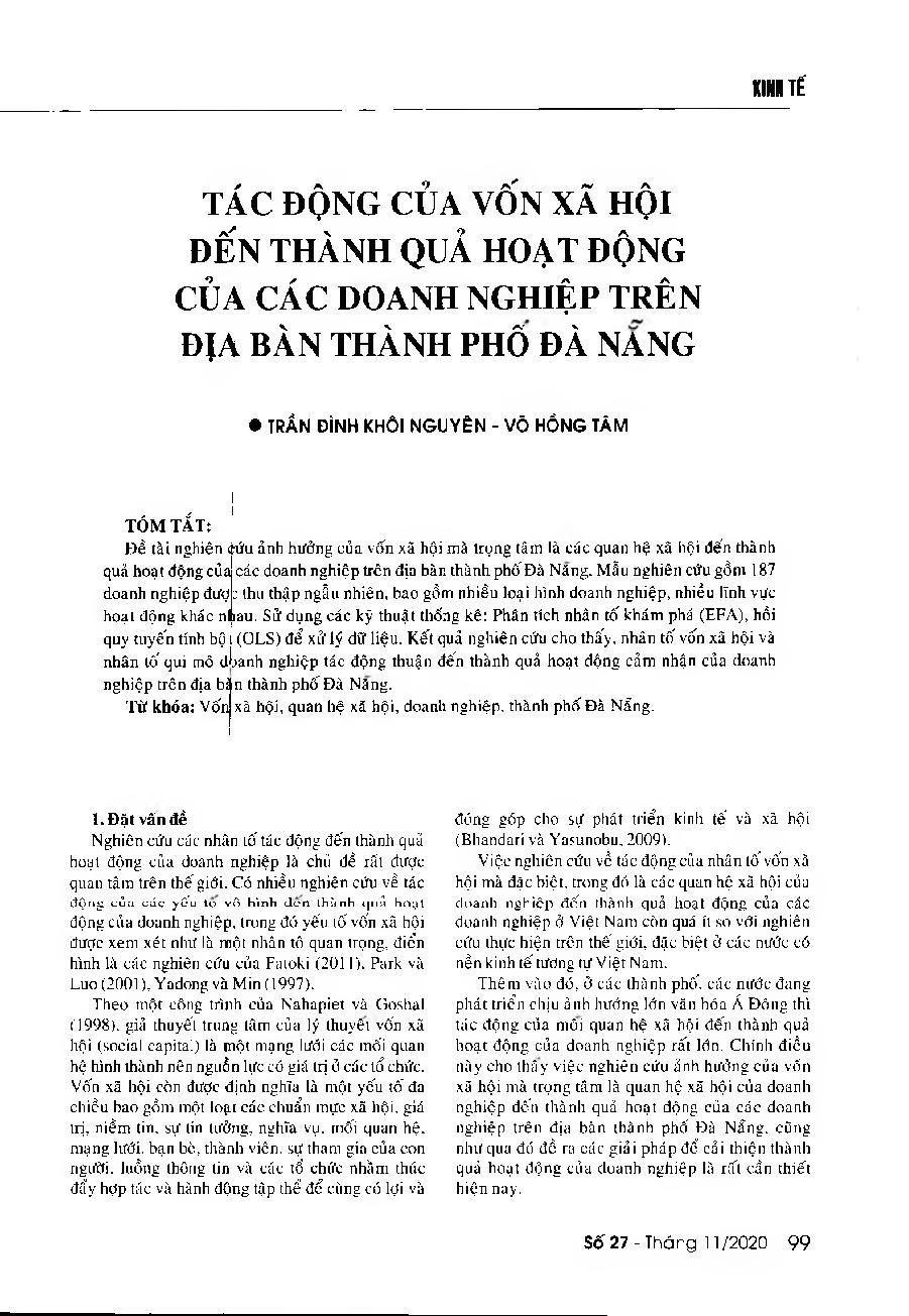Tác động của vốn xã hội đến thành quả hoạt động của các doanh nghiệp trên địa bàn thành phố Đà Nẵng = Impacts of social capial on the performance of businesses in Da Nang City