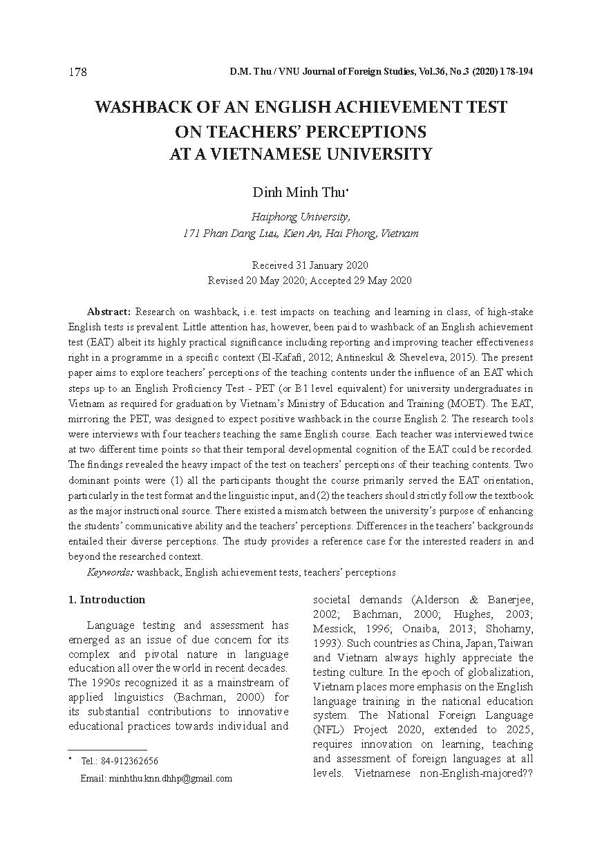 Tác động dội ngược của bài thi hết học phần lên nhận thức của giáo viên tại một trường đại học ở Việt Nam = Washback of an English achievement test on teachers’ perceptions at a Vietnamese university