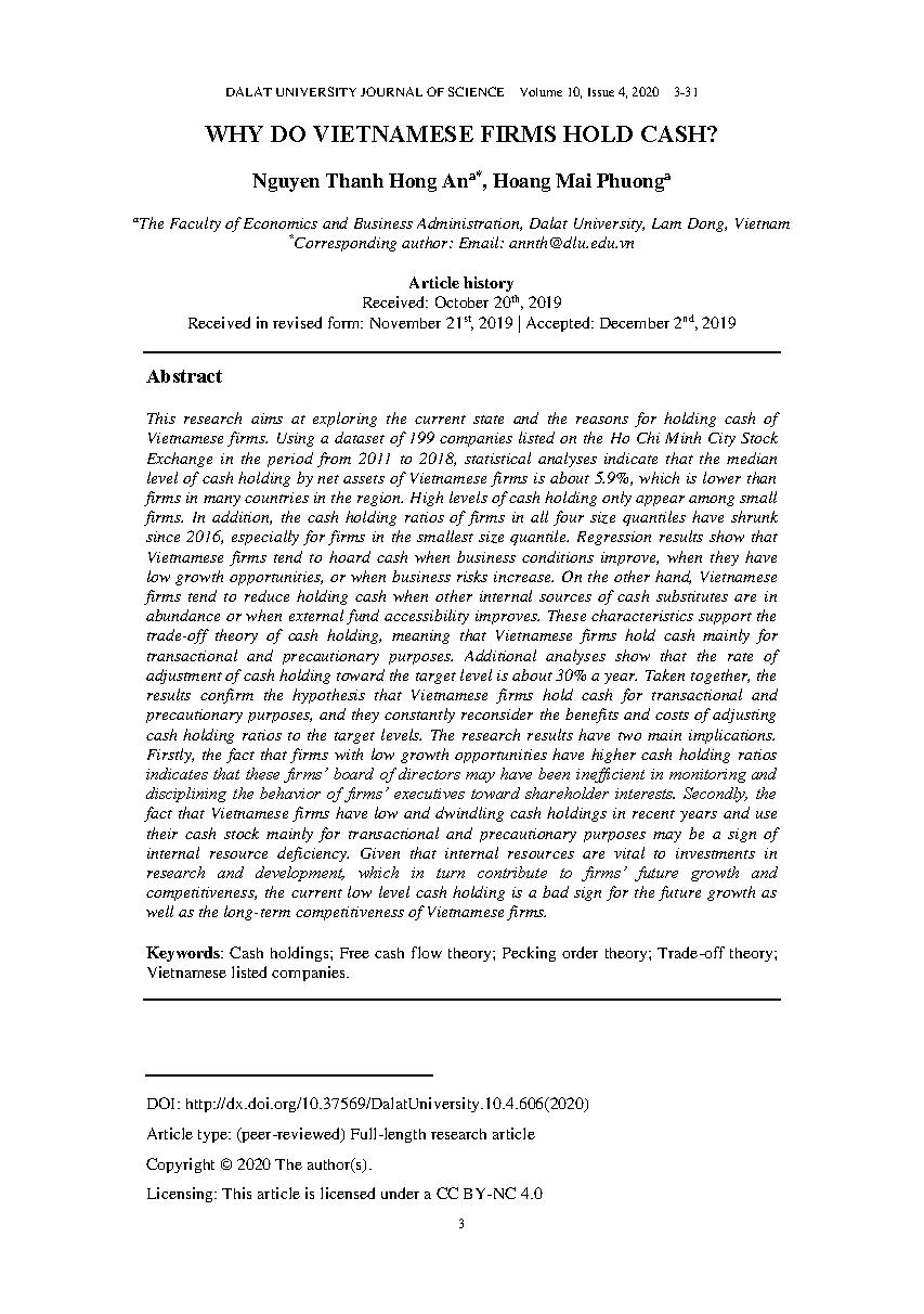 Tại sao doanh nghiệp Việt Nam giữ tiền mặt? = Why do Vietnamese firms hold cash?