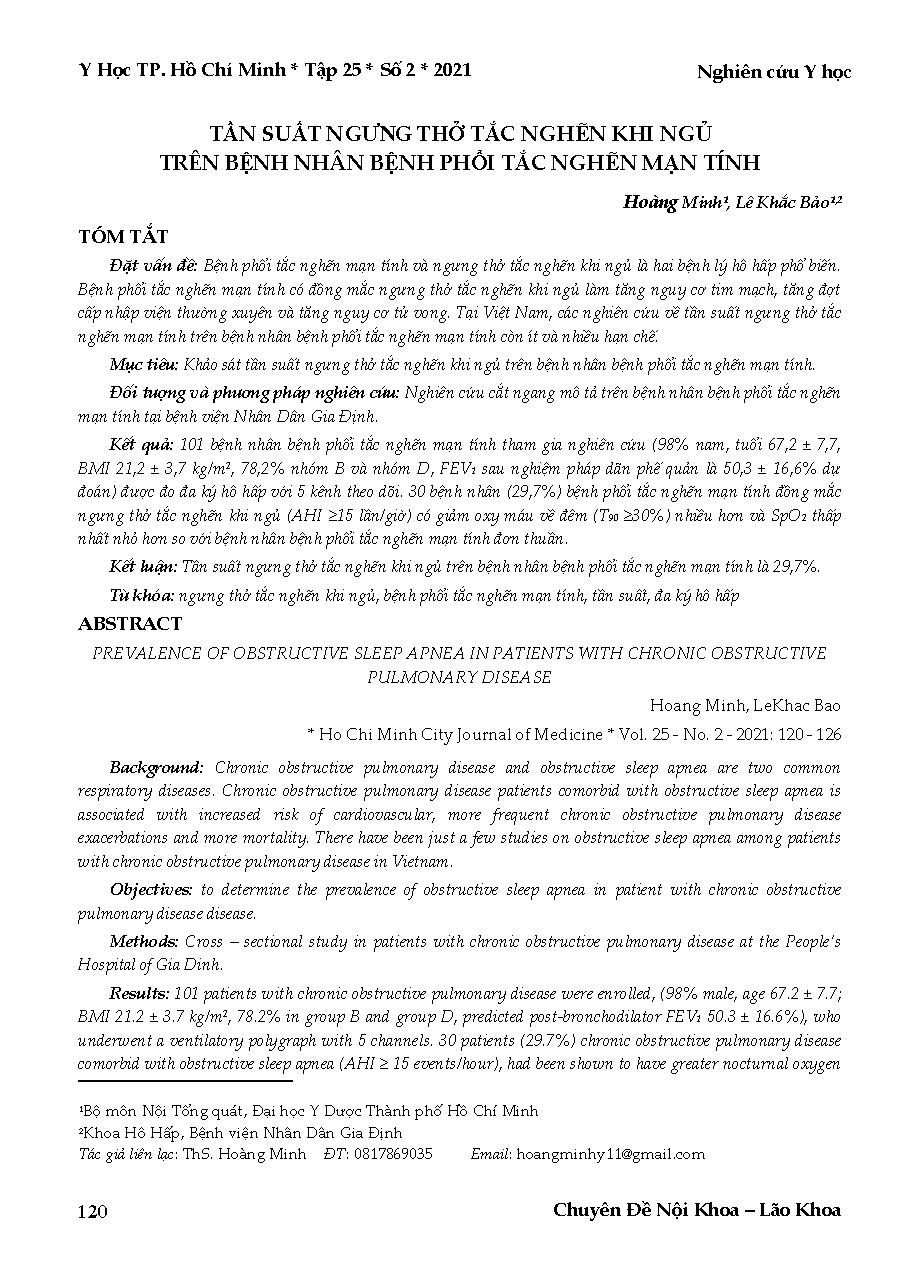 Tần suất ngưng thở tắc nghẽn khi ngủ trên bệnh nhân bệnh phổi tắc nghẽn mạn tính = Prevalence of obstructive sleep apnea in patients with chronic obstructive pulmonary disease