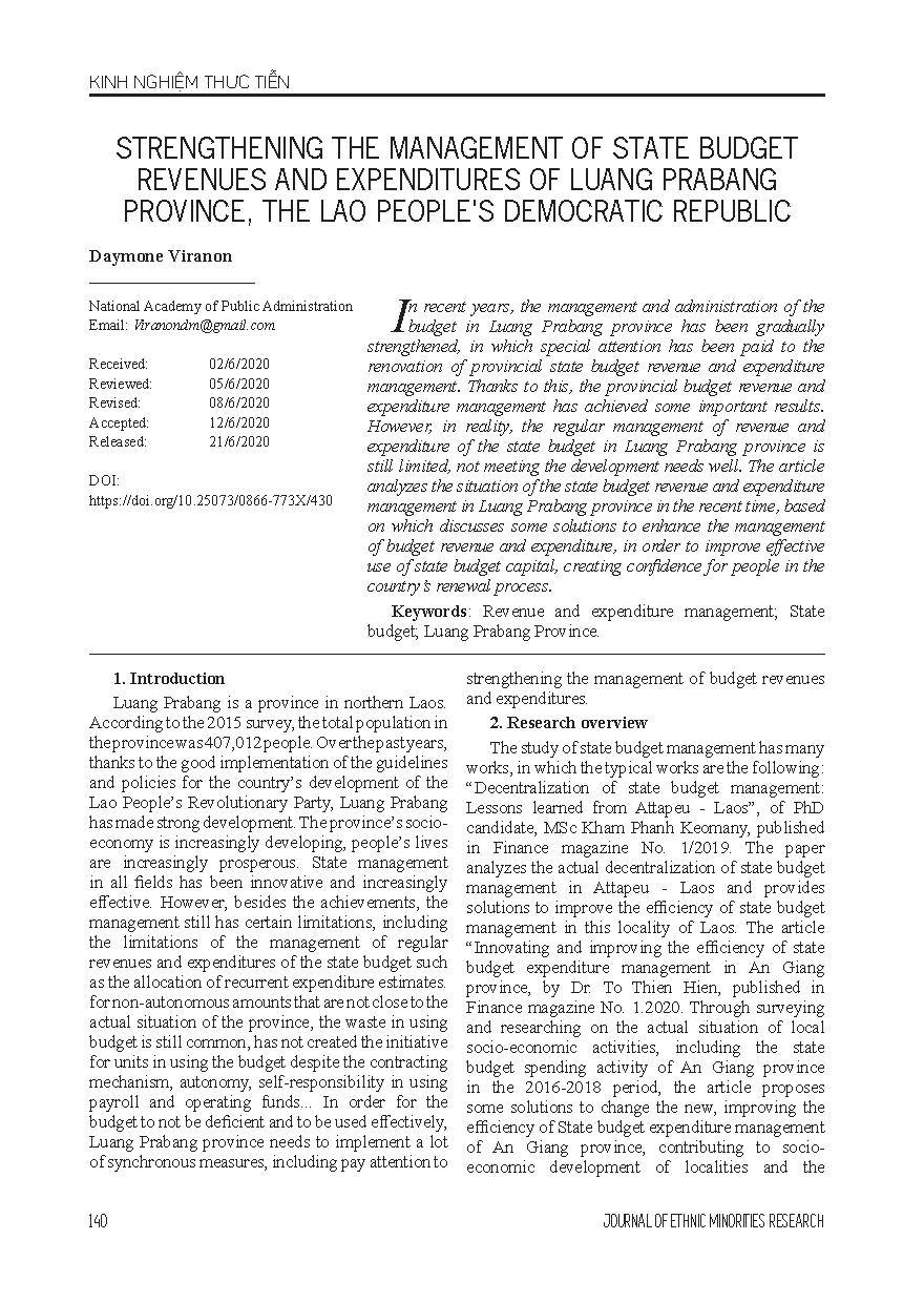 TĂNG CƯỜNG QUẢN LÝ THU - CHI NGÂN SÁCH NHÀ NƯỚC CỦA TỈNH LUANG PRABANG, NƯỚC CỘNG HÒA DÂN CHỦ NHÂN DÂN LÀO = STRENGTHENING THE MANAGEMENT OF STATE BUDGET REVENUES AND EXPENDITURES OF LUANG PRABANG PROVINCE, THE LAO PEOPLE’S DEMOCRATIC REPUBLIC
