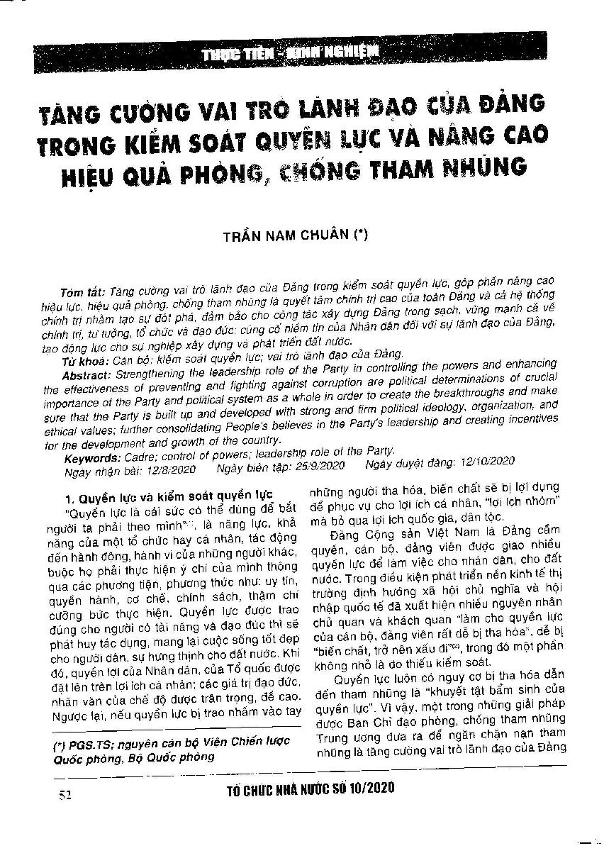 Tăng cường vai trò lãnh đạo của Đảng trong kiểm soát quyển lực và nâng cao hiệu quả phòng, chống tham nhũng = Strengthening the leadership role of the Party in controlling the powers and enhancing the effectiveness of preventing and fighting against corruption