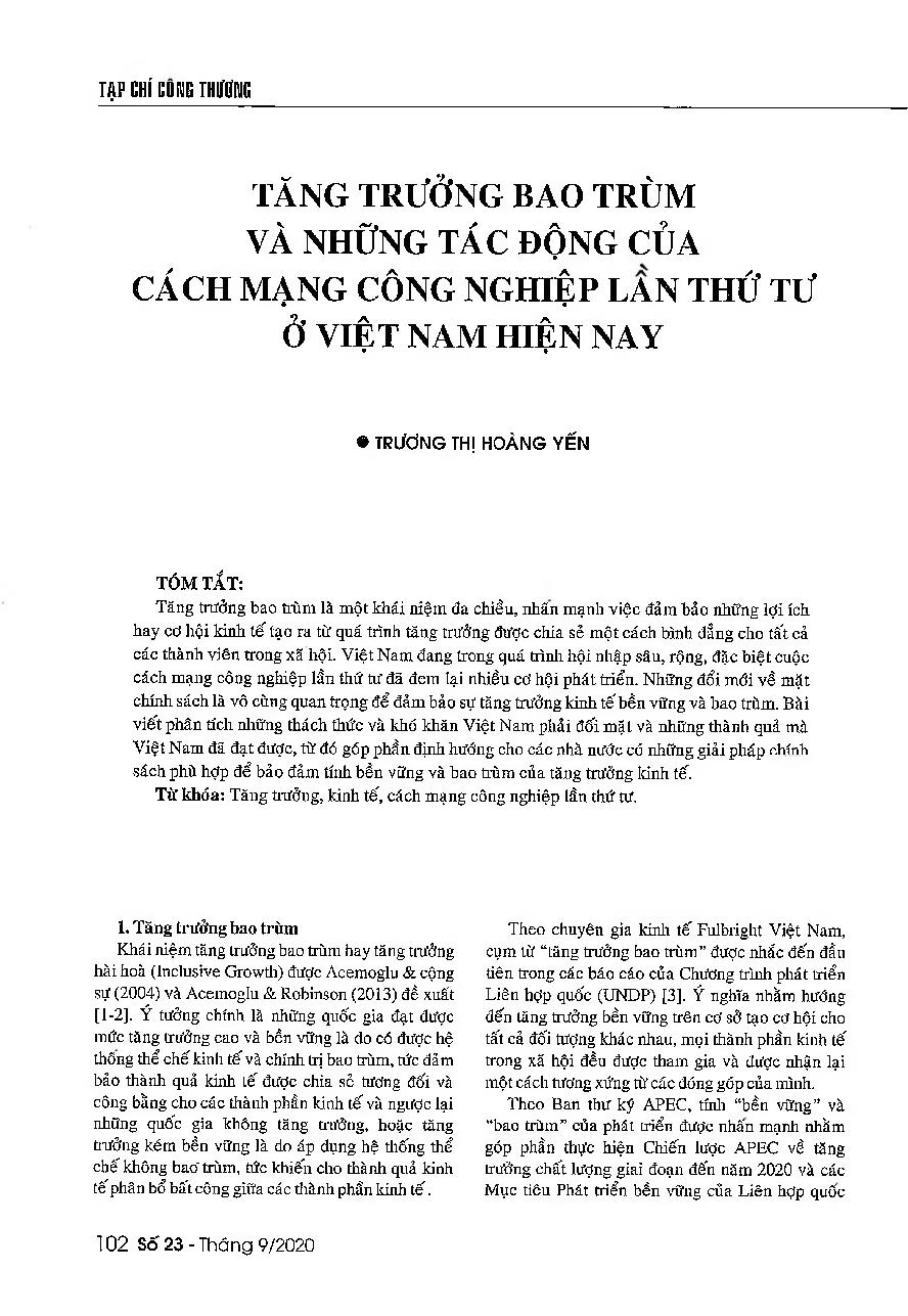 Tăng trưởng bao trùm và những tác động của cách mạng công nghiệp lần thứ tư ở Việt Nam hiện nay = The inclusive growth and current impacts of the Industry 4.0 on Vietnam's development