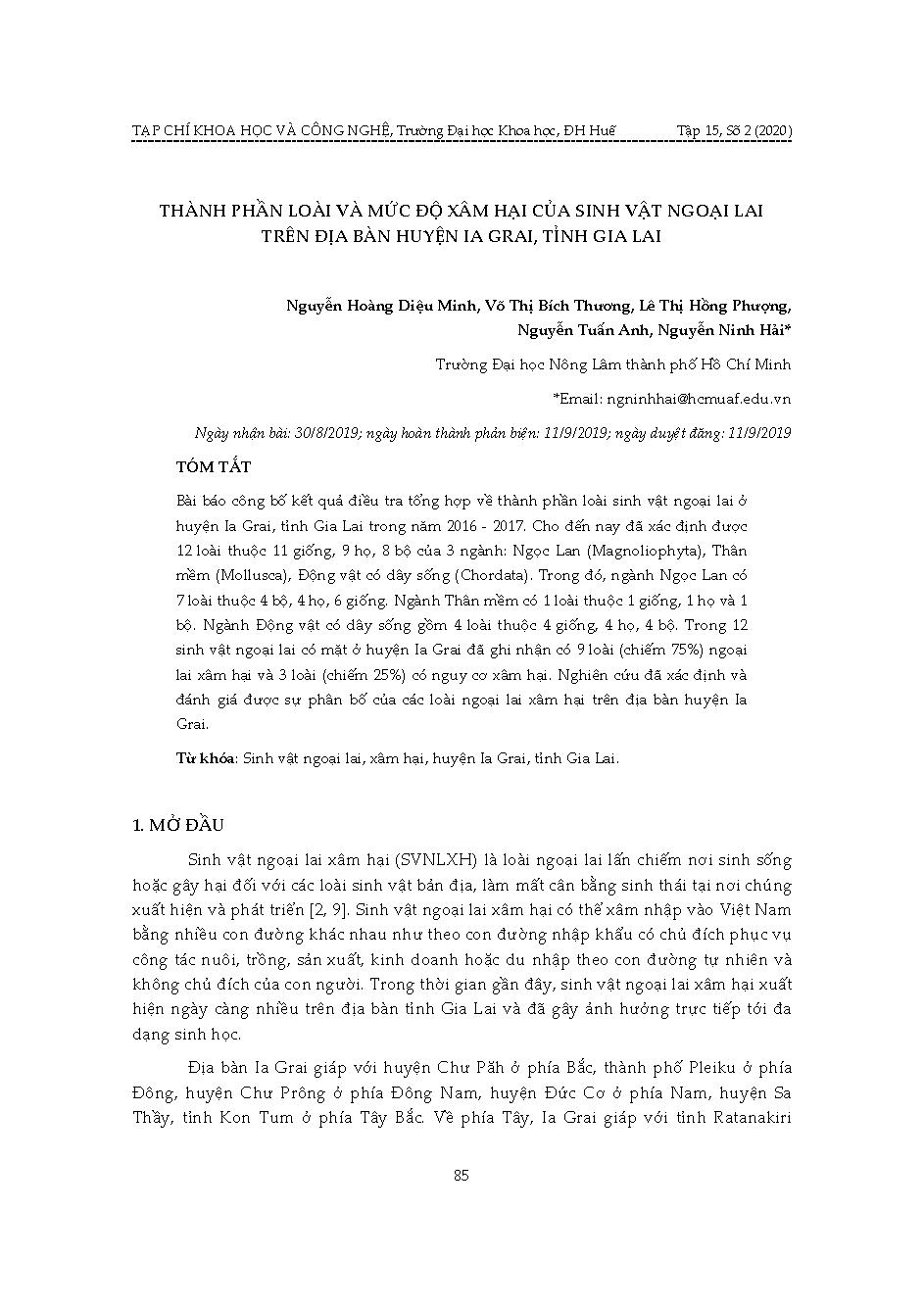 Thành phần loài và mức độ xâm hại của sinh vật ngoại lai trên địa bàn huyện Ia Grai, tỉnh Gia Lai = Diversity of species composition and harmful level of invasive alien species in Ia Grai district, Gia Lai province