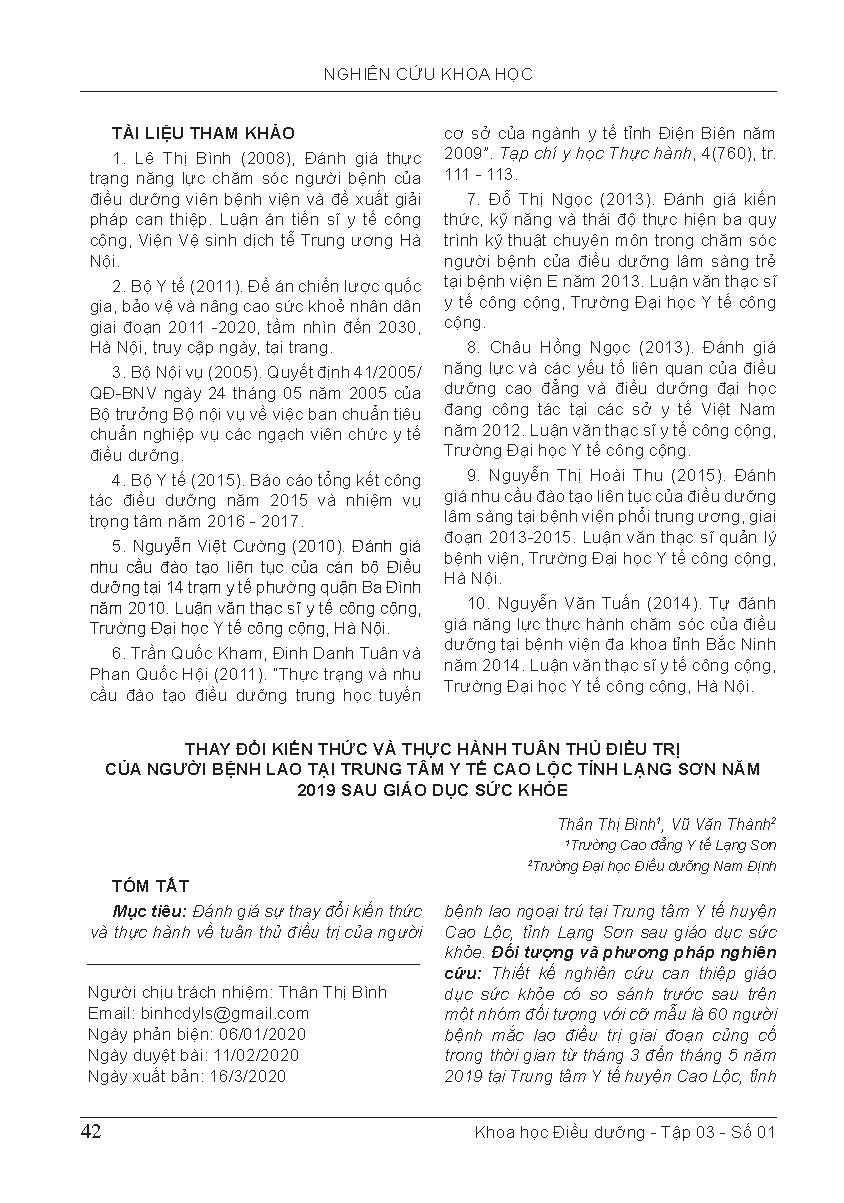 Thay đổi kiến thức và thực hành tuân thủ điều trị của người bệnh lao tại Trung tâm Y tế Cao Lộc tỉnh Lạng Sơn năm 2019 sau giáo dục sức khỏe = Change knowledge and practice of treatment adherence among patients with tuberculosis at cao loc medical center in Lang Son in 2019 after health education