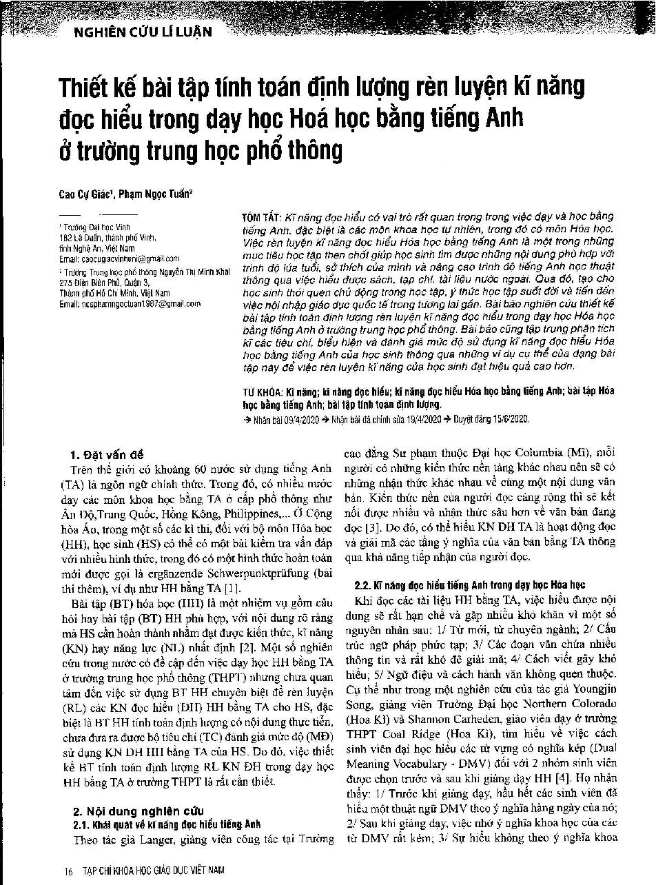 Thiết kế bài tập tính toán định lượng rèn luyện kĩ năng đọc hiểu trong dạy học Hoá học bằng tiếng Anh ở trường trung học phổ thông = Designing quantitative calculation exercises To improve reading comprehension skillsIn teaching chemistry in english at high schools