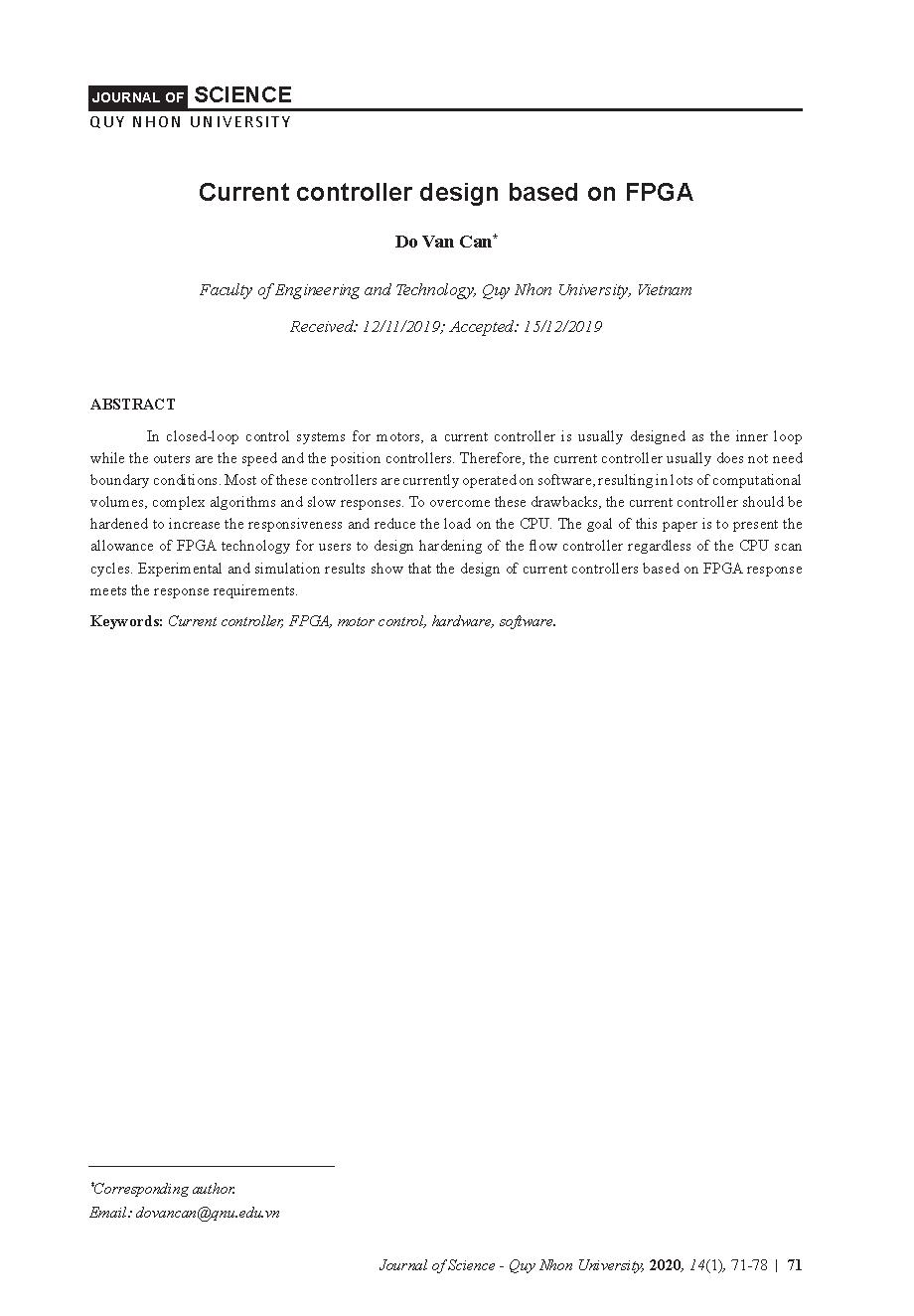 Thiết kế bộ điều khiển dòng điện dựa trên nền tảng FPGA = Current controller design based on FPGA