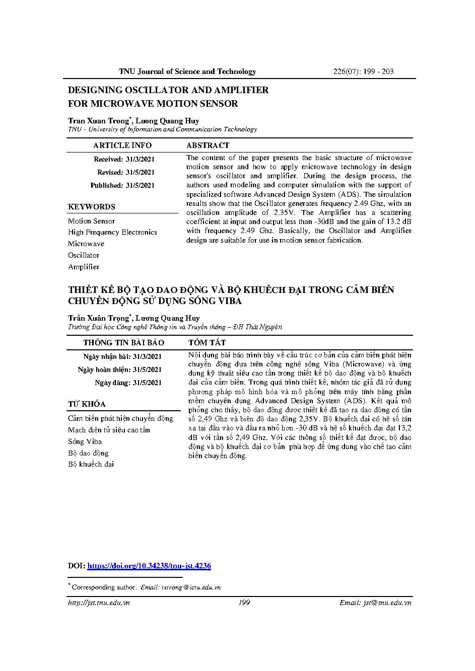 Thiết kế bộ tạo dao động và bộ khuếch đại trong cảm biến chuyển động sử dụng sóng viba = Designing oscillator and amplifier for microwave motion sensor