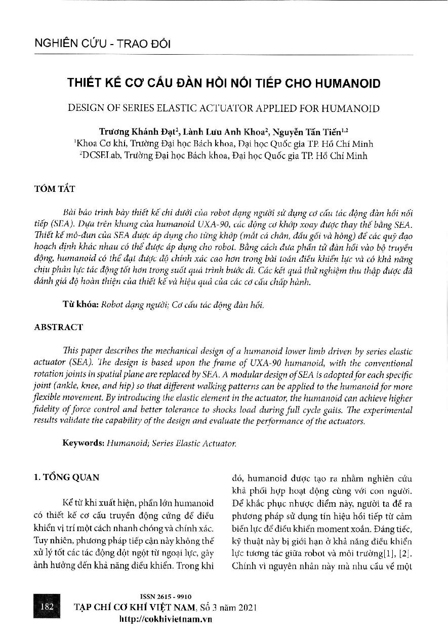Thiết kế cơ cấu dàn hổi nối tiếp cho humanoid = Design of series elastic actuator applied for humanoid