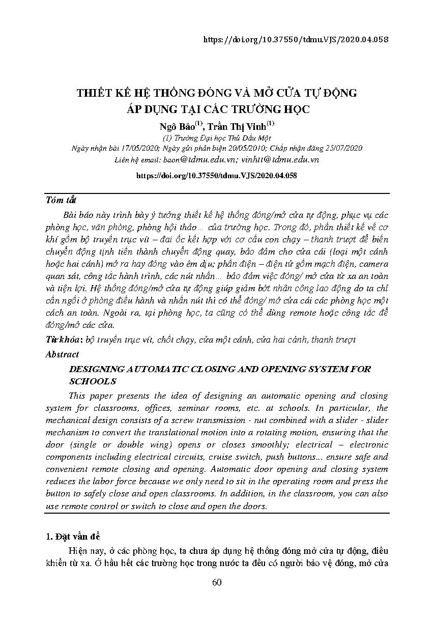 Thiết kế hệ thống đóng và mở cửa tự động áp dụng tại các trường học = Designing automatic closing and opening system for schools