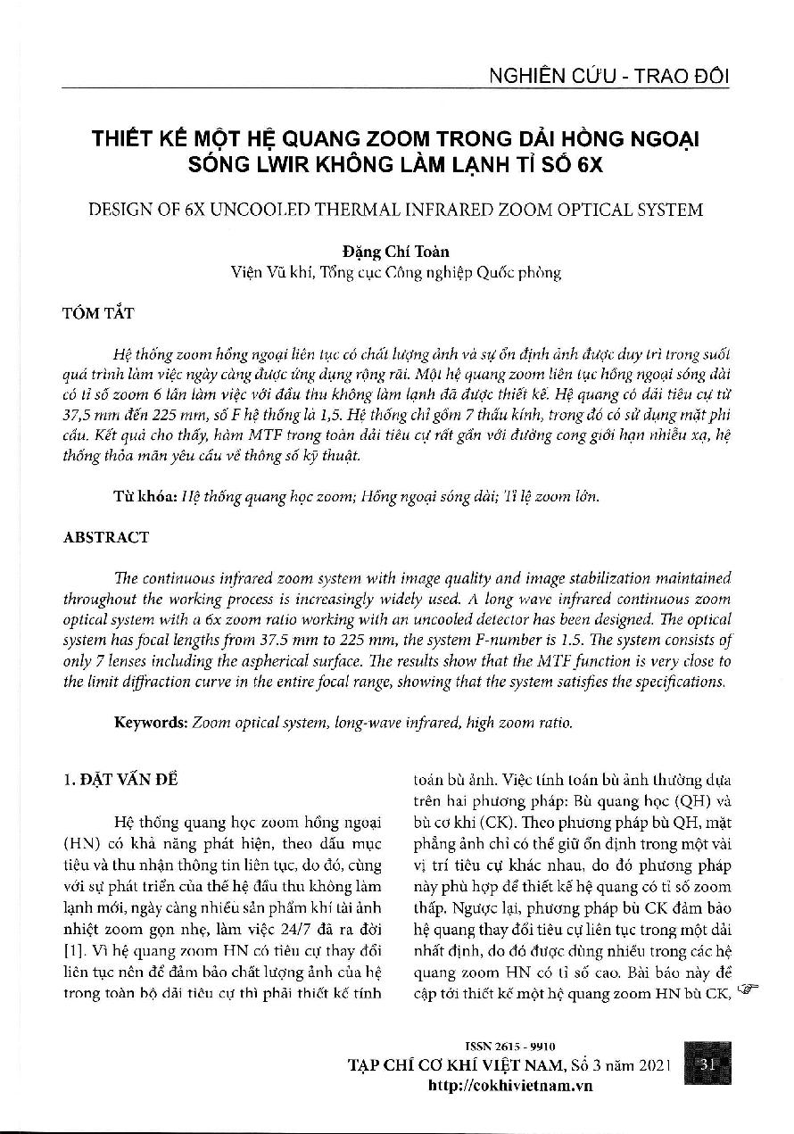 Thiết kế một hệ quang zoom trong dải hống ngoại sóng LW1R không lòm lạnh tỉ số 6x = Design of 6x uncooled thermal infrared zoom optical system