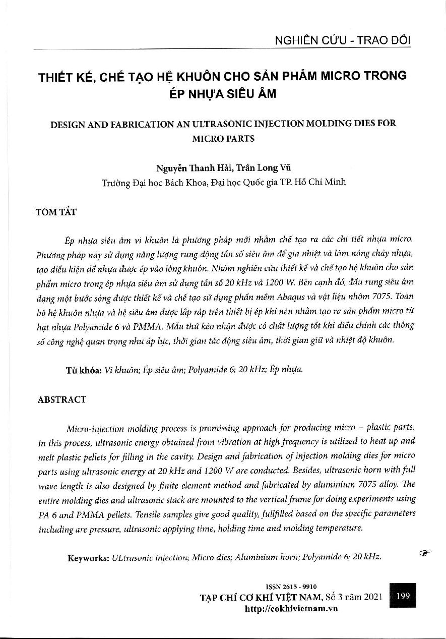 Thiết kế, chế tạo hệ khuôn cho sản phẩm micro trong ép nhựa siêu âm = Design and fabrication an ultrasonic injection molding dies for micro parts