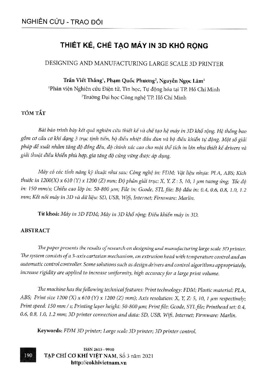 Thiết kế, ché tạo máy in 3D khổ rộng = Designing and manufacturing large scale 3d printer