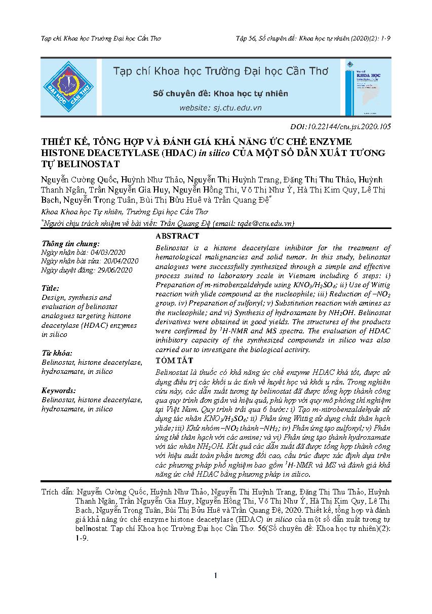Thiết kế, tổng hợp và đánh giá khả năng ức chế enzyme histone deacetylase (HDAC) in silico của một số dẫn xuất tương tự belinostat = Design, synthesis and evaluation of belinostat analogues targeting histone deacetylase (HDAC) enzymes in silico