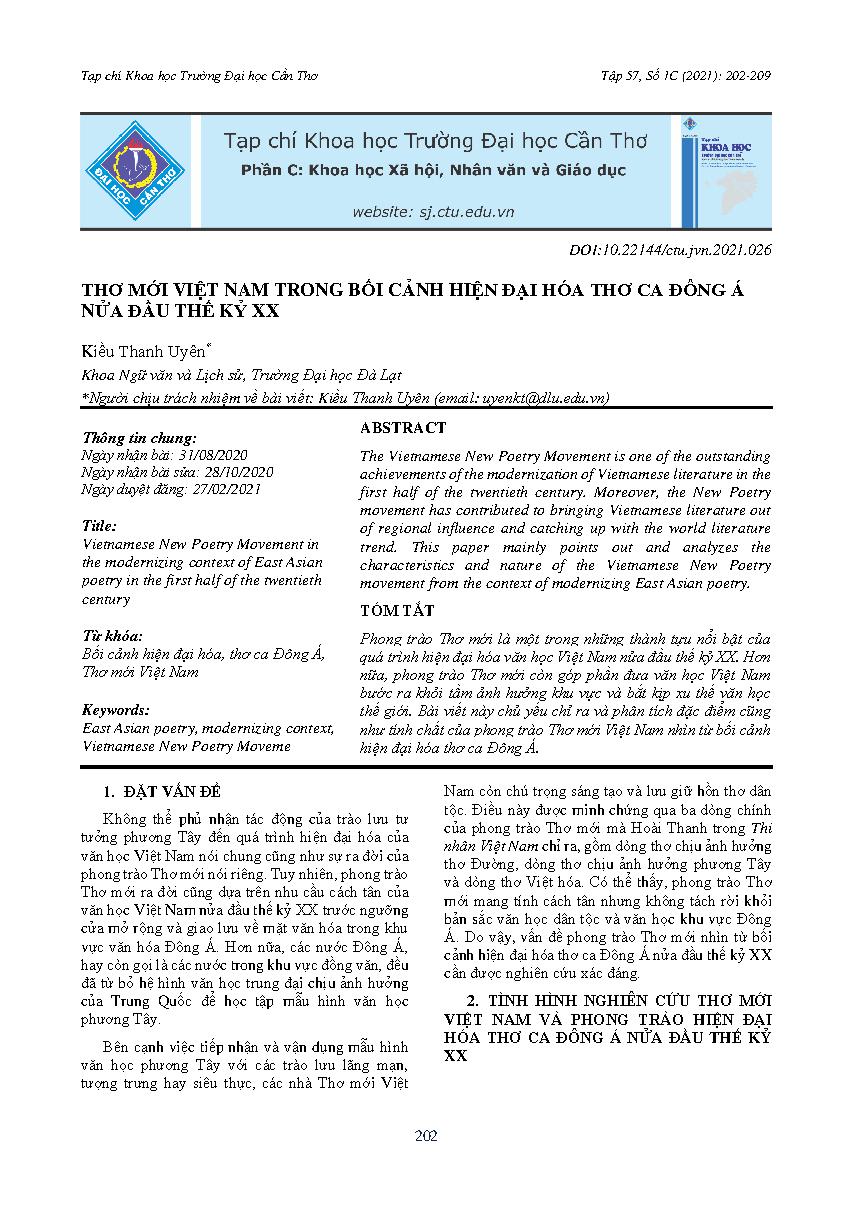 Thơ mới Việt Nam trong bối cảnh hiện đại hóa thơ ca Đông Á nửa đầu thế kỷ XX = Vietnamese New Poetry Movement in the modernizing context of East Asian poetry in the first half of the twentieth century