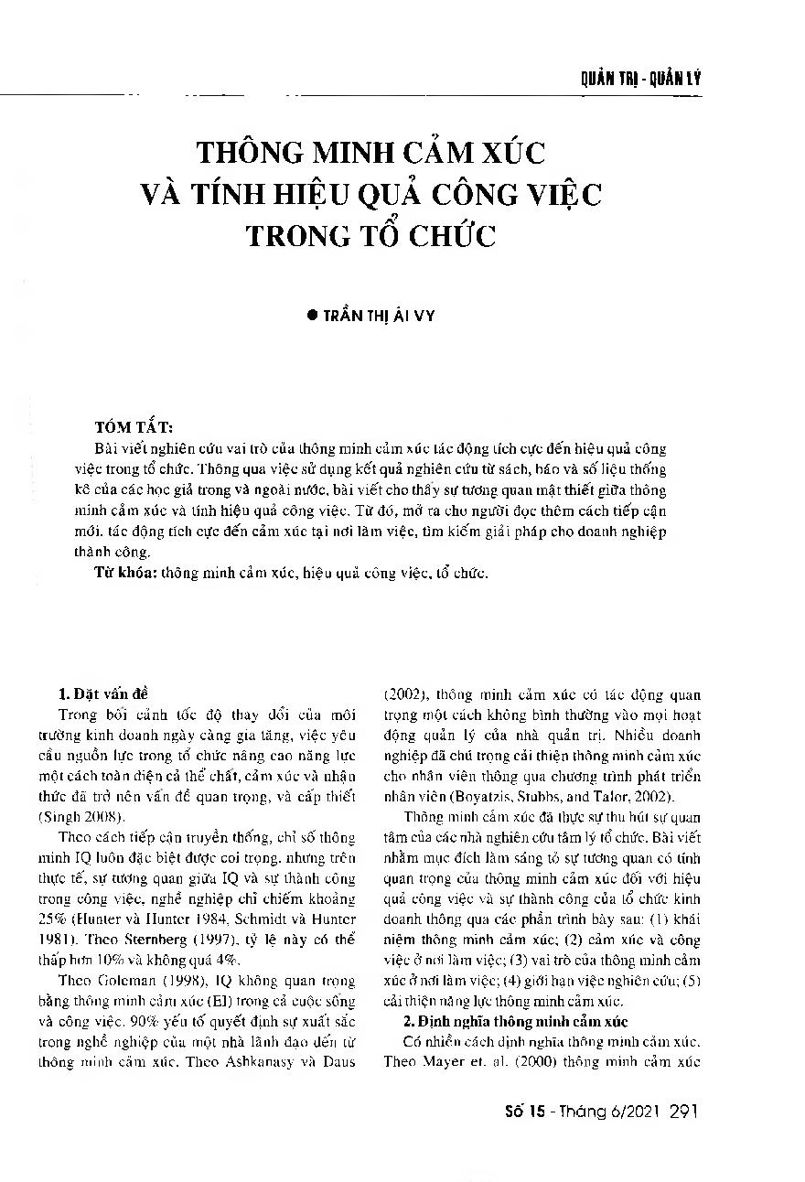 Thông minh cảm xúc và hiệu quả công việc trong tổ chức = Emotional intelligence and performance at workplaces