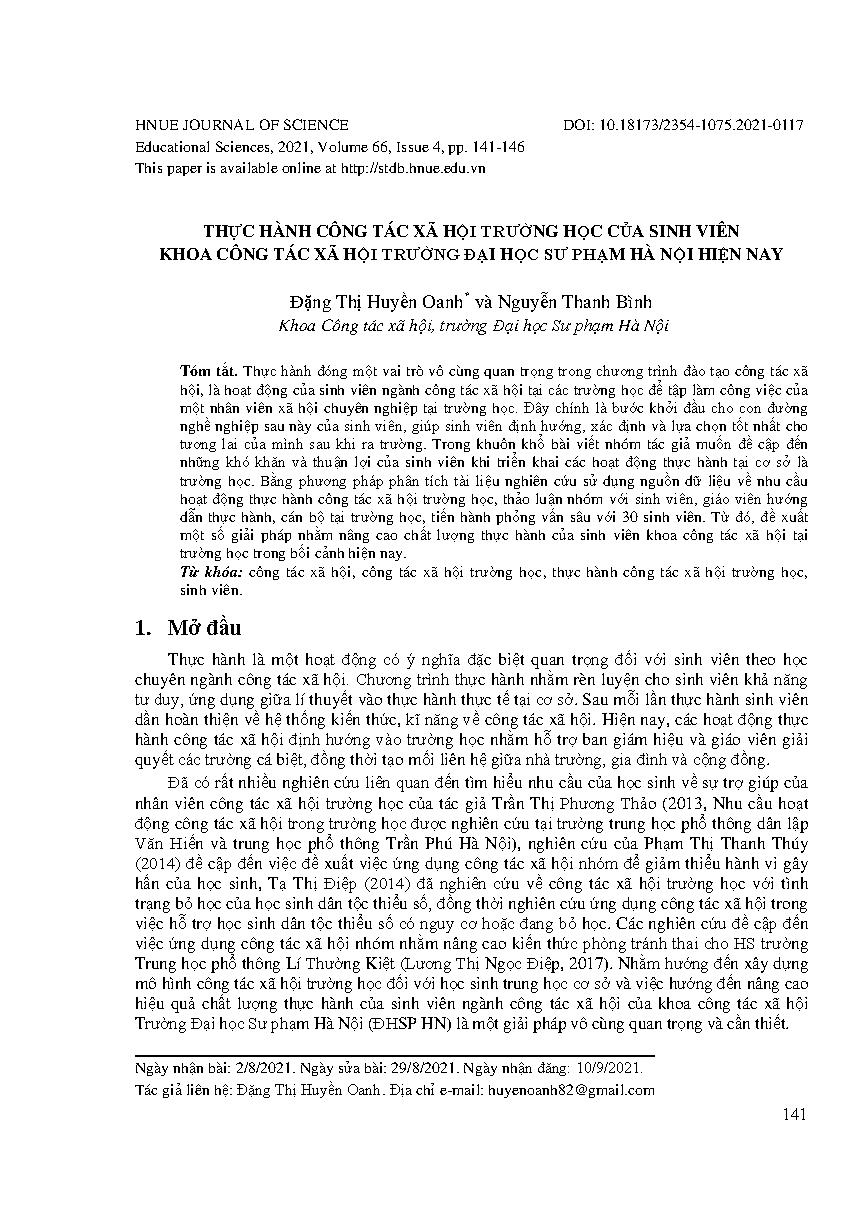 Thực hành công tác xã hội trường học của sinh viên khoa công tác xã hội trường đại học sư phạm Hà Nội hiện nay = School-based field placement for social work students at Hanoi National University of Education nowadays