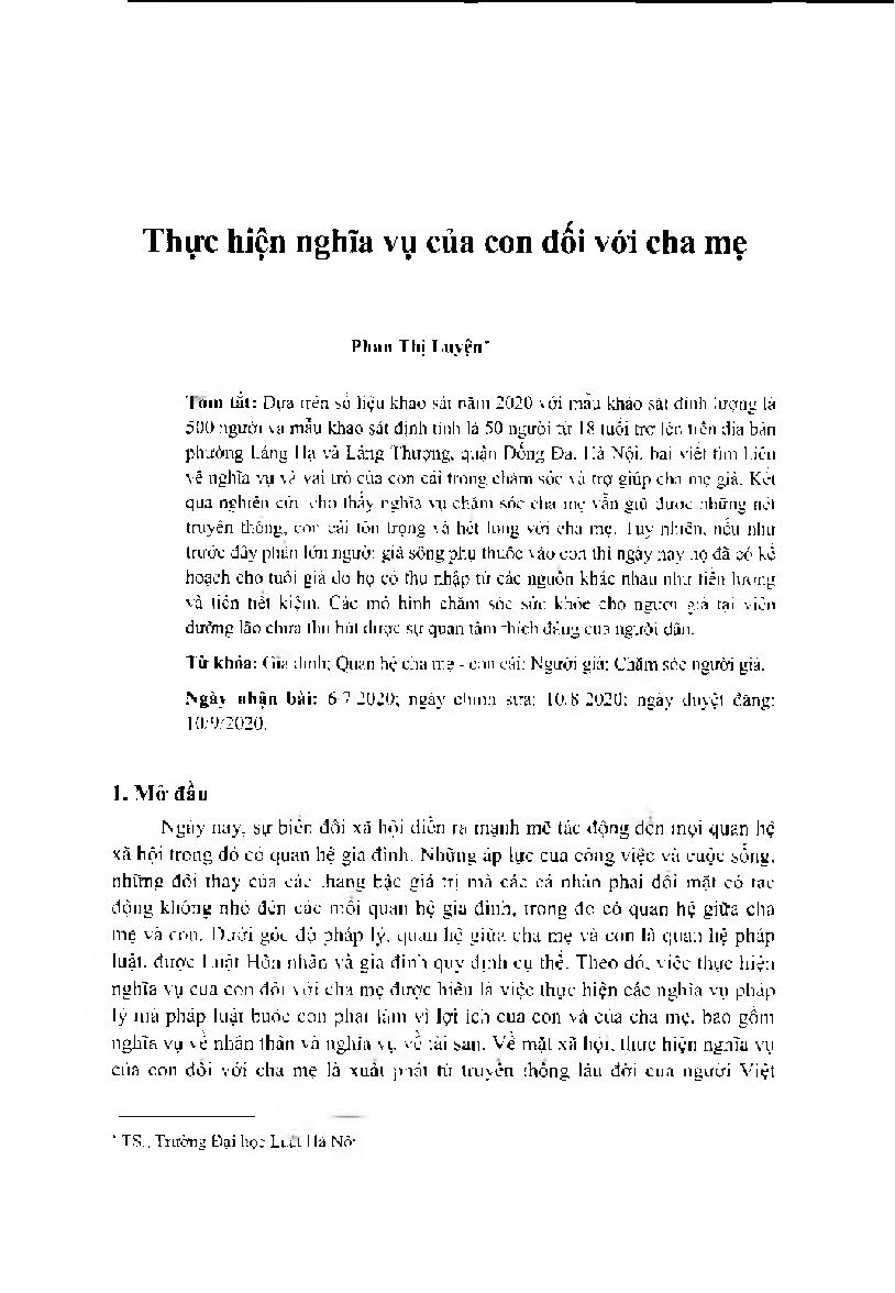 Thực hiện nghĩa vụ của con đối với cha mẹ = How Adult Children Fulfill Caring Responsibility towards Ageing Parents