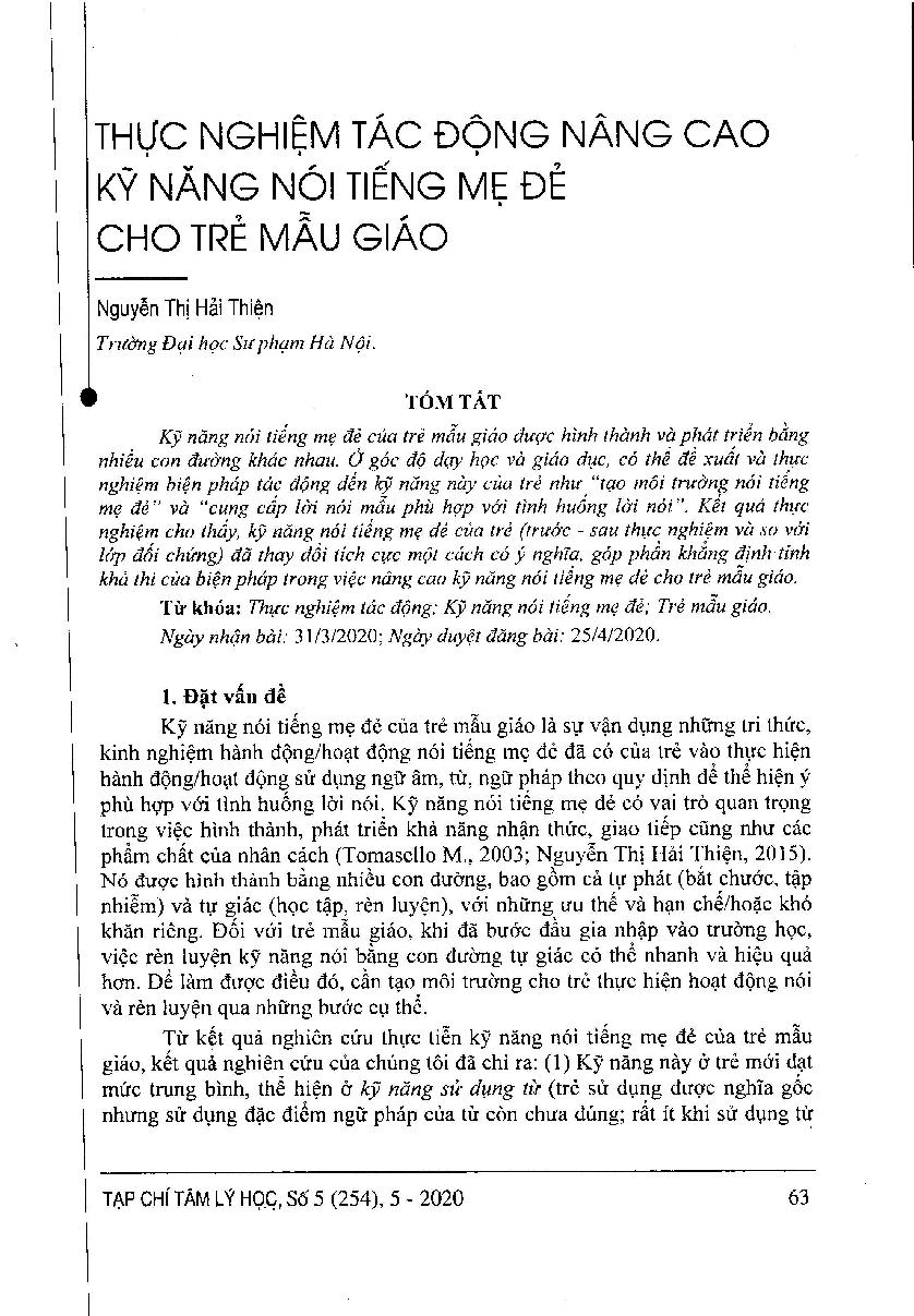 Thực nghiệm tác động nâng cao kỹ năng nói tiếng mẹ đẻ cho trẻ mẫu giáo = Enhancing the mother tongue speaking skills for preschoolers - An experimental result