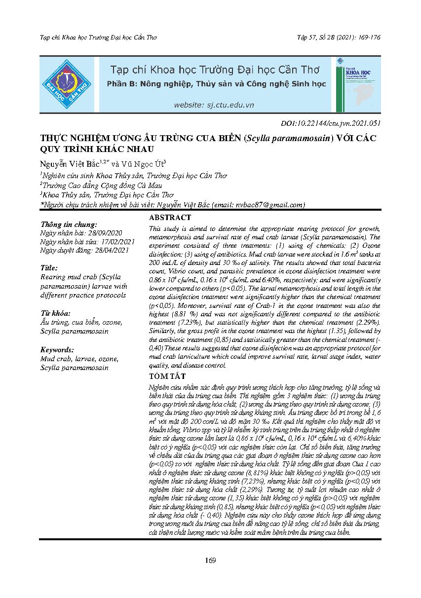 Thực nghiệm ương ấu trùng cua biển (Scylla paramamosain) với các quy trình khác nhau = Rearing mud crab (Scylla paramamosain) larvae with different practice protocols